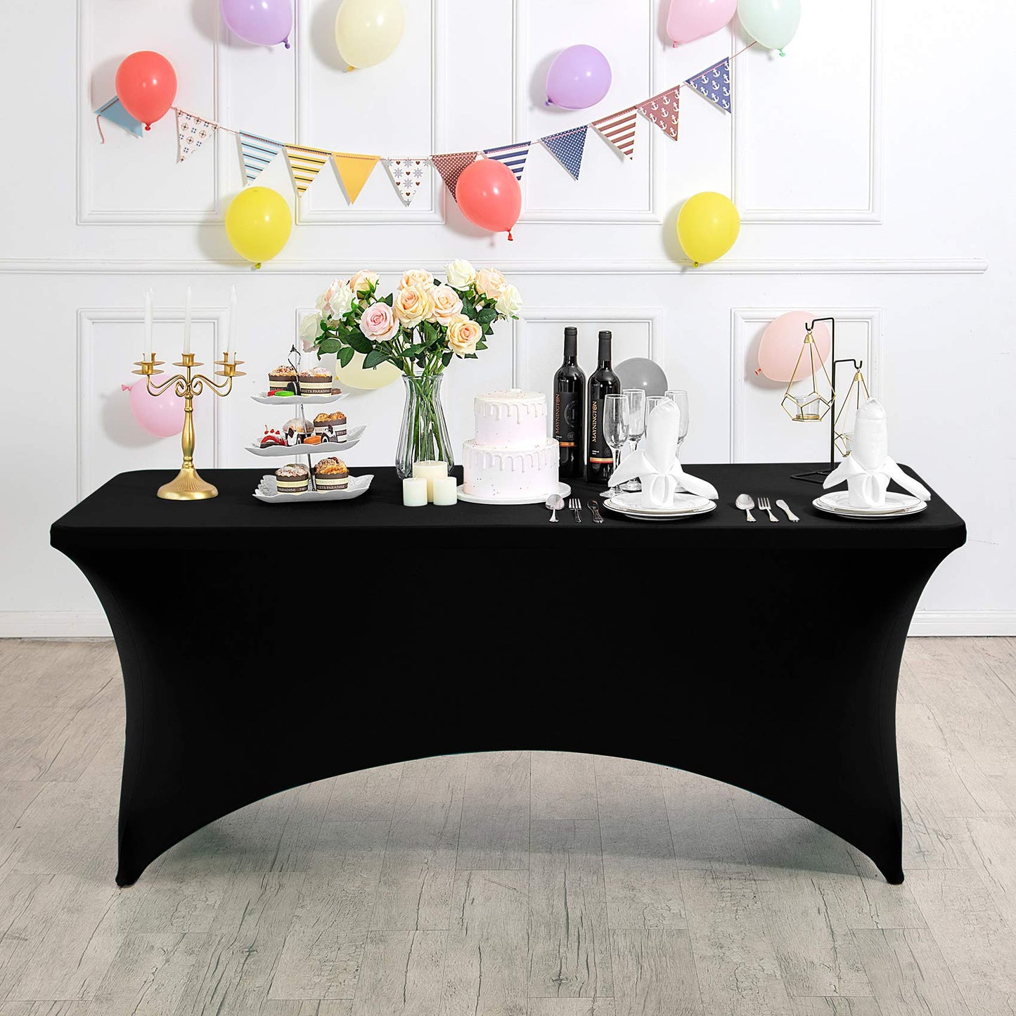 Hezuzo Spandex Table Cover for 4FT or 6ft or 8ft Table Universal Fitted Stretch Tablecloth for Party, Banquet, Wedding and Events-Black