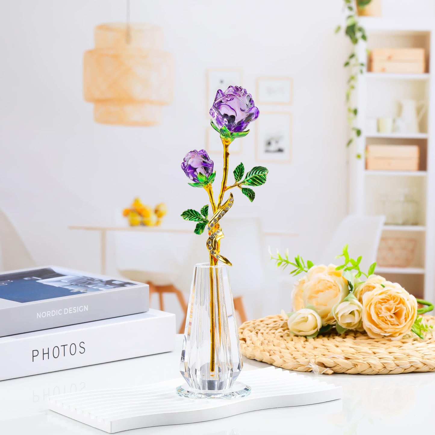 Rose Flower Crystal Figurine with Vase - Purple Bouquet Flowers Ornament Gifts for Wife Girlfriend Women - Handmade Crystal Flower Collectible Home Table Decor for Valentine Day Wedding Anniversary