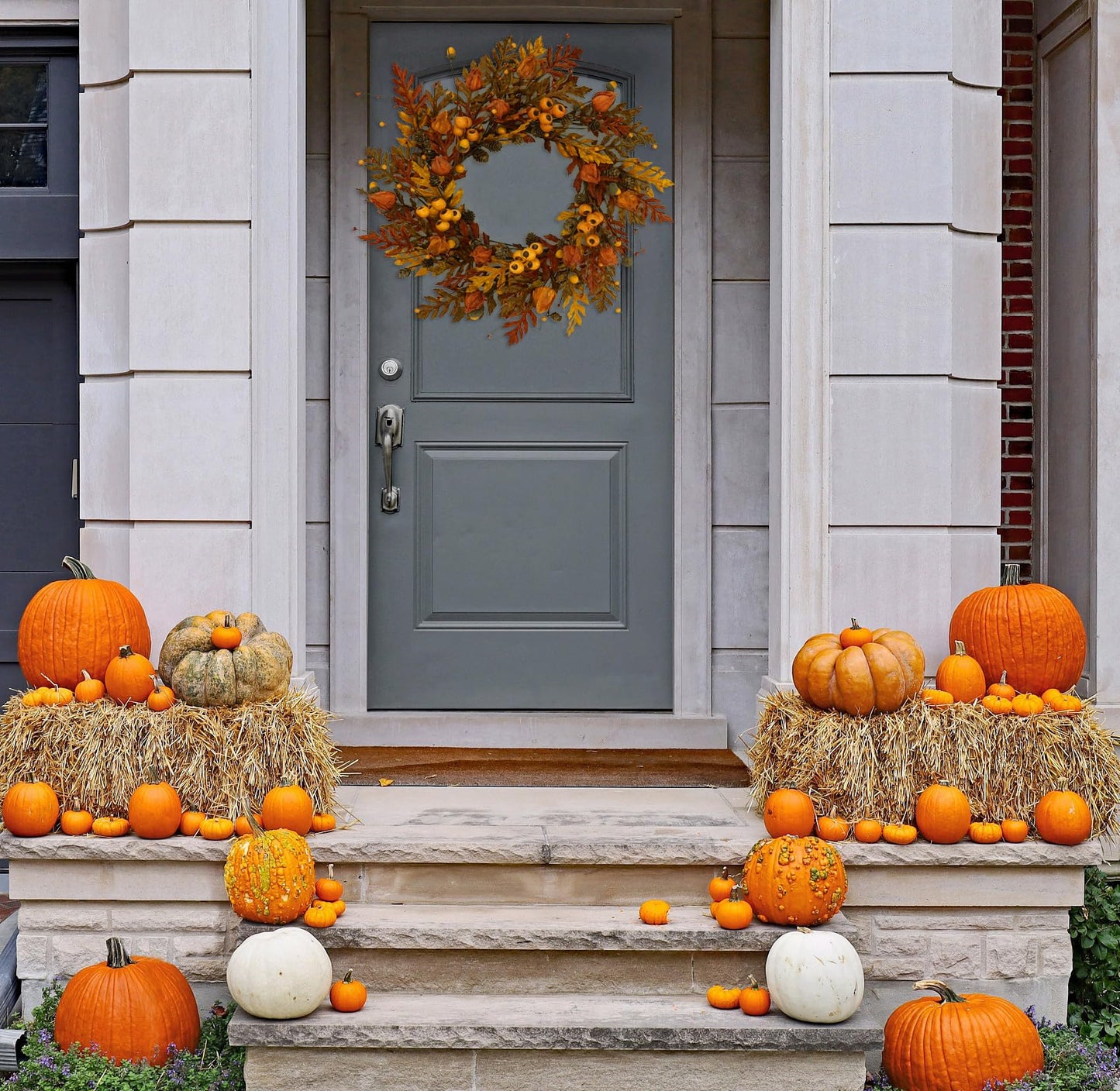 WreathDream 20 inch Fall Wreath Autumn Oak Leaves Wreath with Cape Gooseberry,Oak Leaf,Acorn,Berry,Pine Cone for Front Door Farmhouse Indoor Outdoor Festival Home Decor
