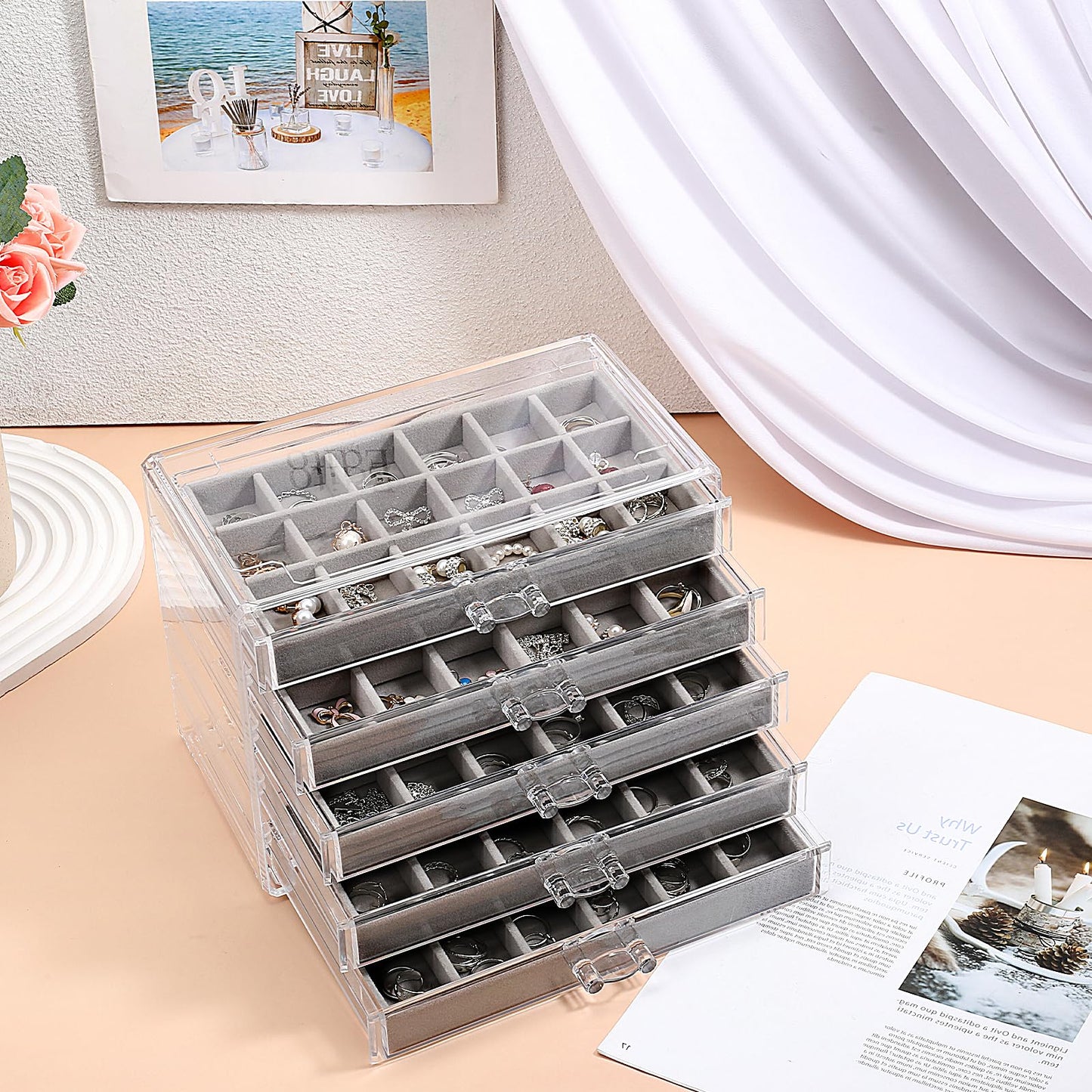 COMNICO Rock Display Case, 5 Layer 90 Grid Rock Collection Display Case Velvet Acrylic Clear Displays Cases Organizer for Collectibles Crystal Gemstone Fossil Stone