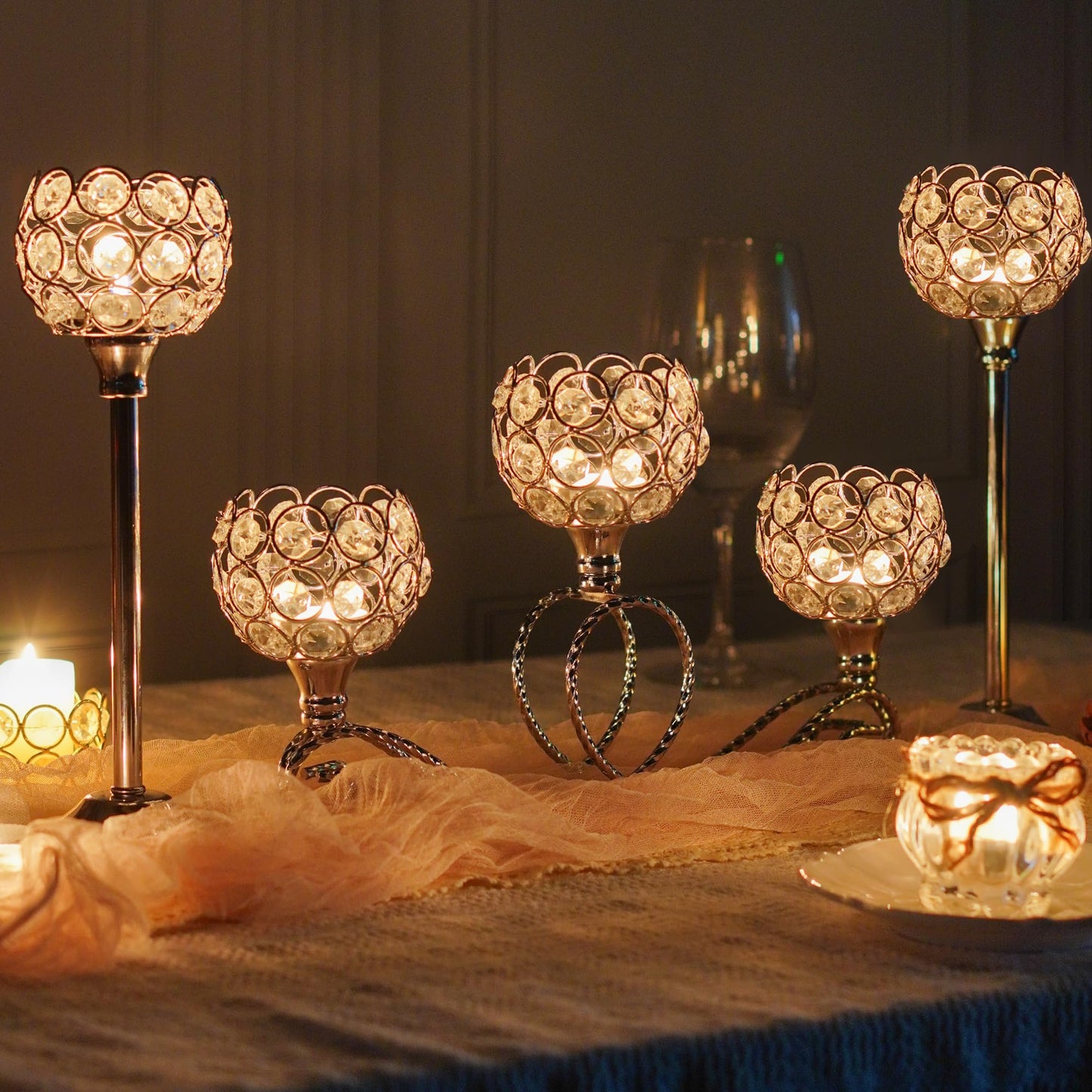 Silver Set of 6 Metal Crystal Tea Light Candle Holder, Elegant Wedding Table Centerpiece Candle Holder, Christmas Wishing Crystal Bowl Candle Holder Suitable for Wedding Party Living Room Decoration