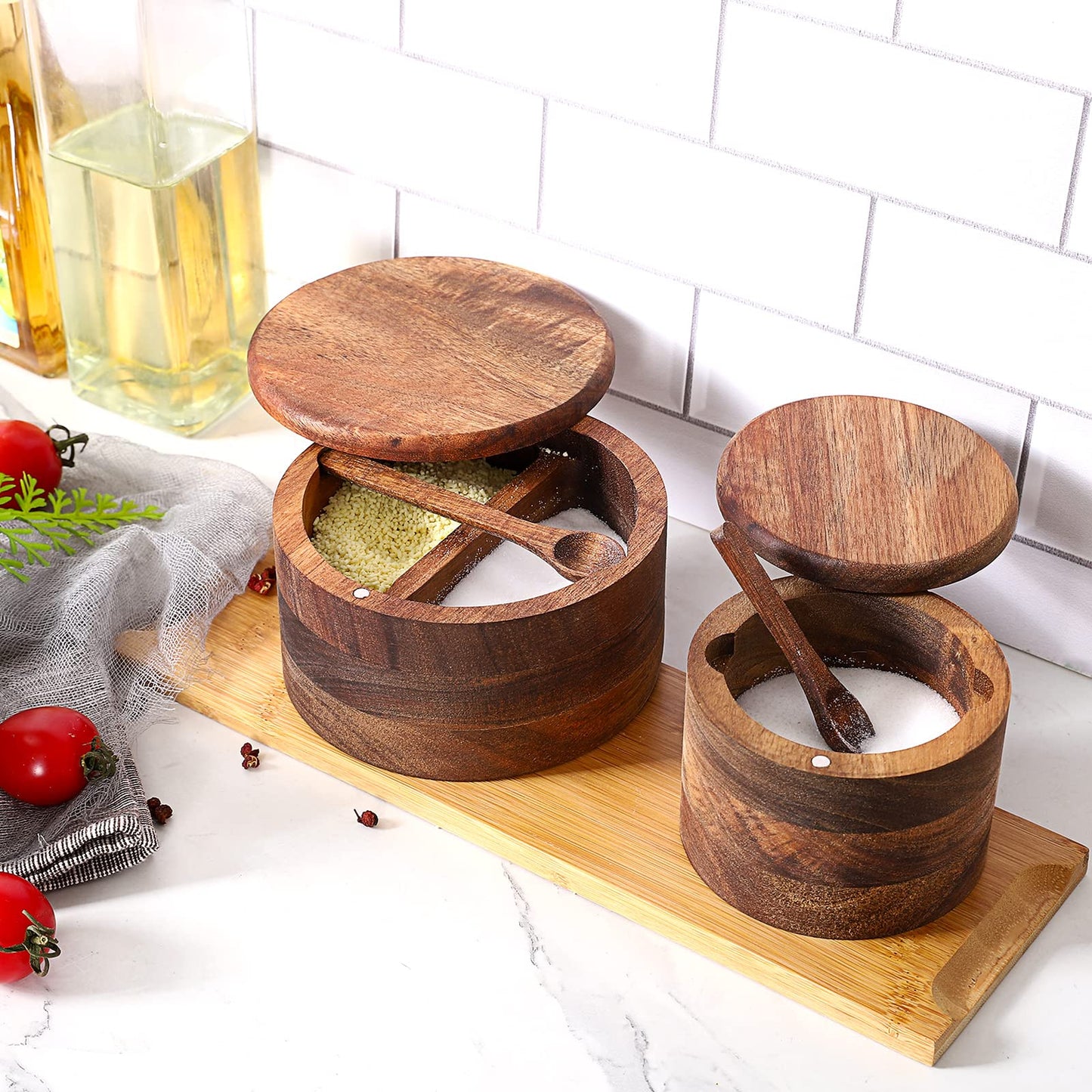 RAETTER.LY Acacia Wood Salt and Pepper Bowl, Nature Wood Salt Cellar and Spices Storage Box With Built-in Spoon and Magnetic Swivel Lid (Single Compartment 6.5 oz)