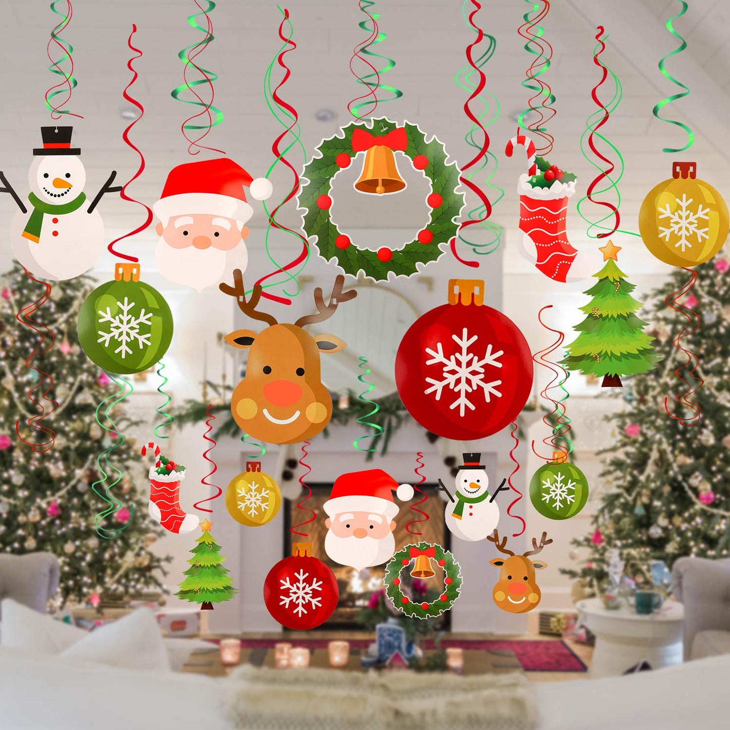 Konsait Christmas Hanging Swirl Decoration Kit(32pcs), Merry Christmas Swirls Garland Xmas Tree Snowman Socks Santa Foil Hanging Ceiling for Xmas Winter Wonderland Holiday Party Decor Supplier