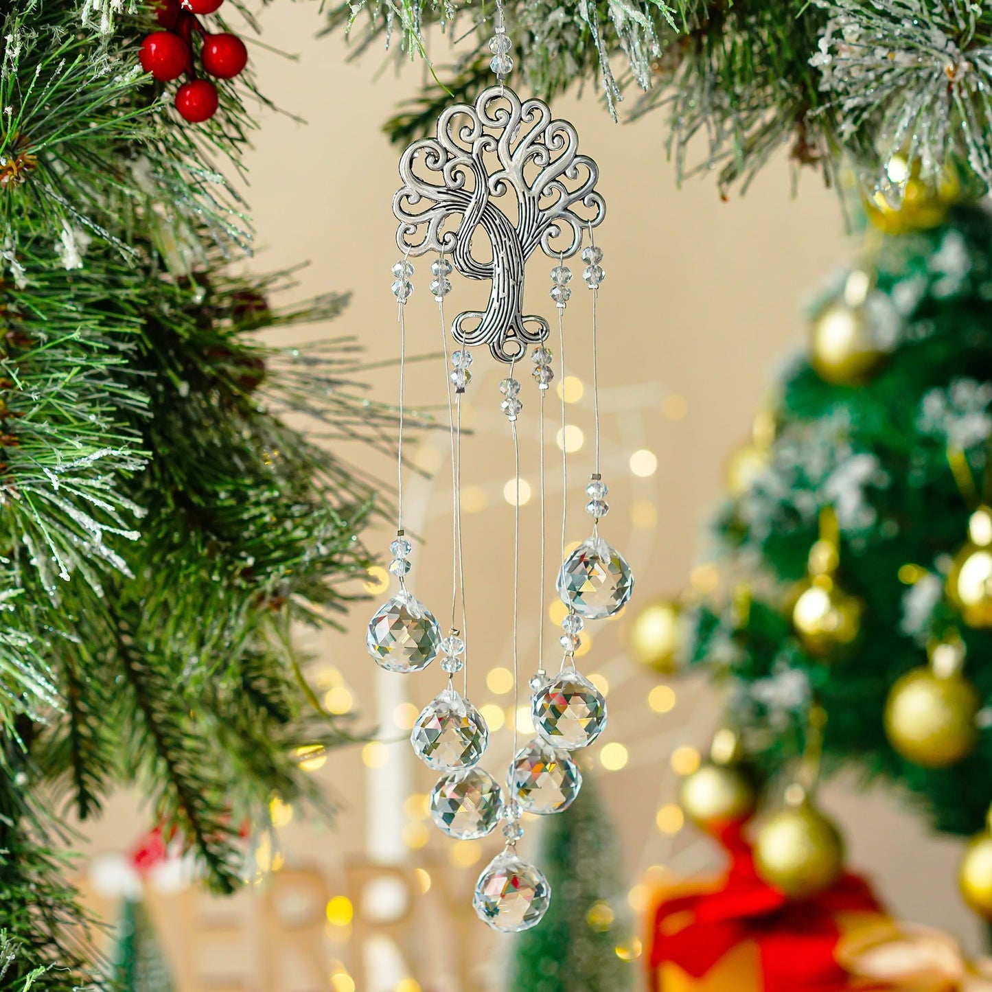 H&D HYALINE & DORA Garden Hanging Crystal Suncatchers Rainbow Makers with Crystal Ball Prisms and Metal Tree of Life for Garden Outdoor Home Kids Room Window