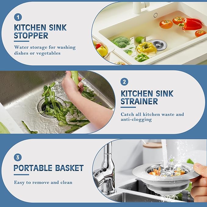 Kitchen Sink Drain Strainer 2 Pack, 304 Stainless Steel Pop Up Sink Stopper