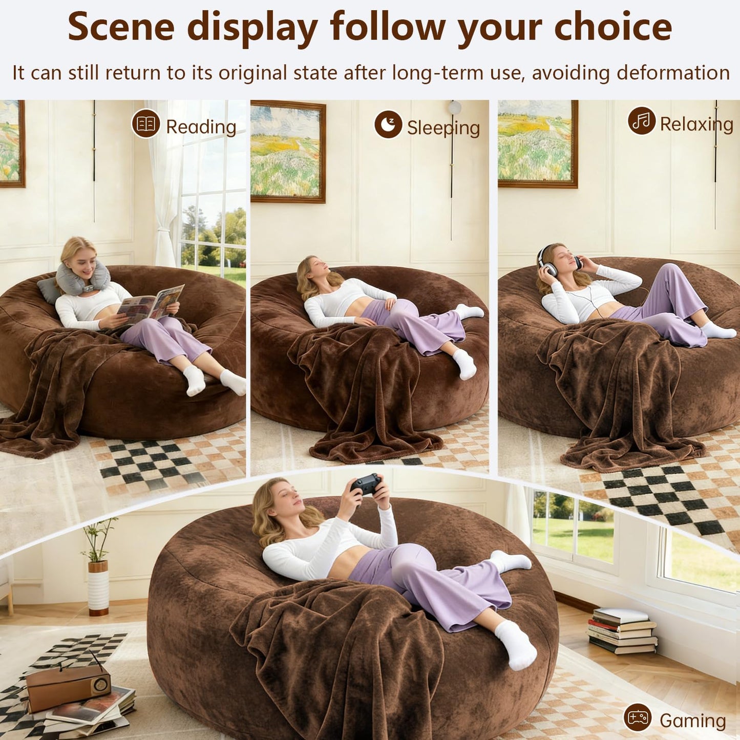 Big Bean Bag Chairs for Adults ,6FT Bean Bag Chair with Filler Memory Foam Chair Super Soft Plush, Living Room Furniture, Suitable for bedrooms, Comfy Lounge Reading Chairs (Coffee, 6FT)