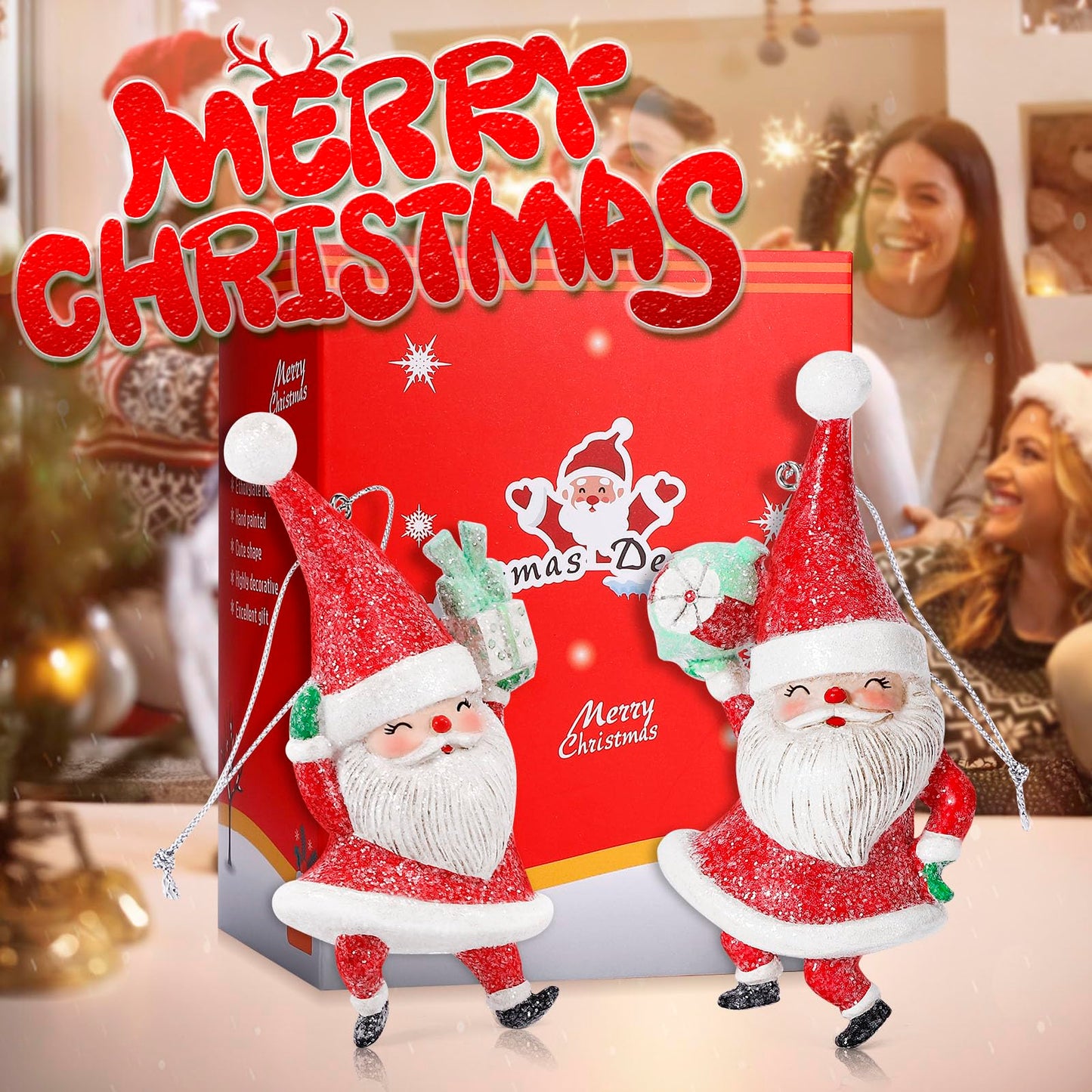EnrichFun 2025 Figurines Christmas Decorations Resin Décor for Tree Hanging Ornament, Holiday Winter Indoor Home Table Decor Xmas Gifts, Santa Claus 2-Pack, 4 in