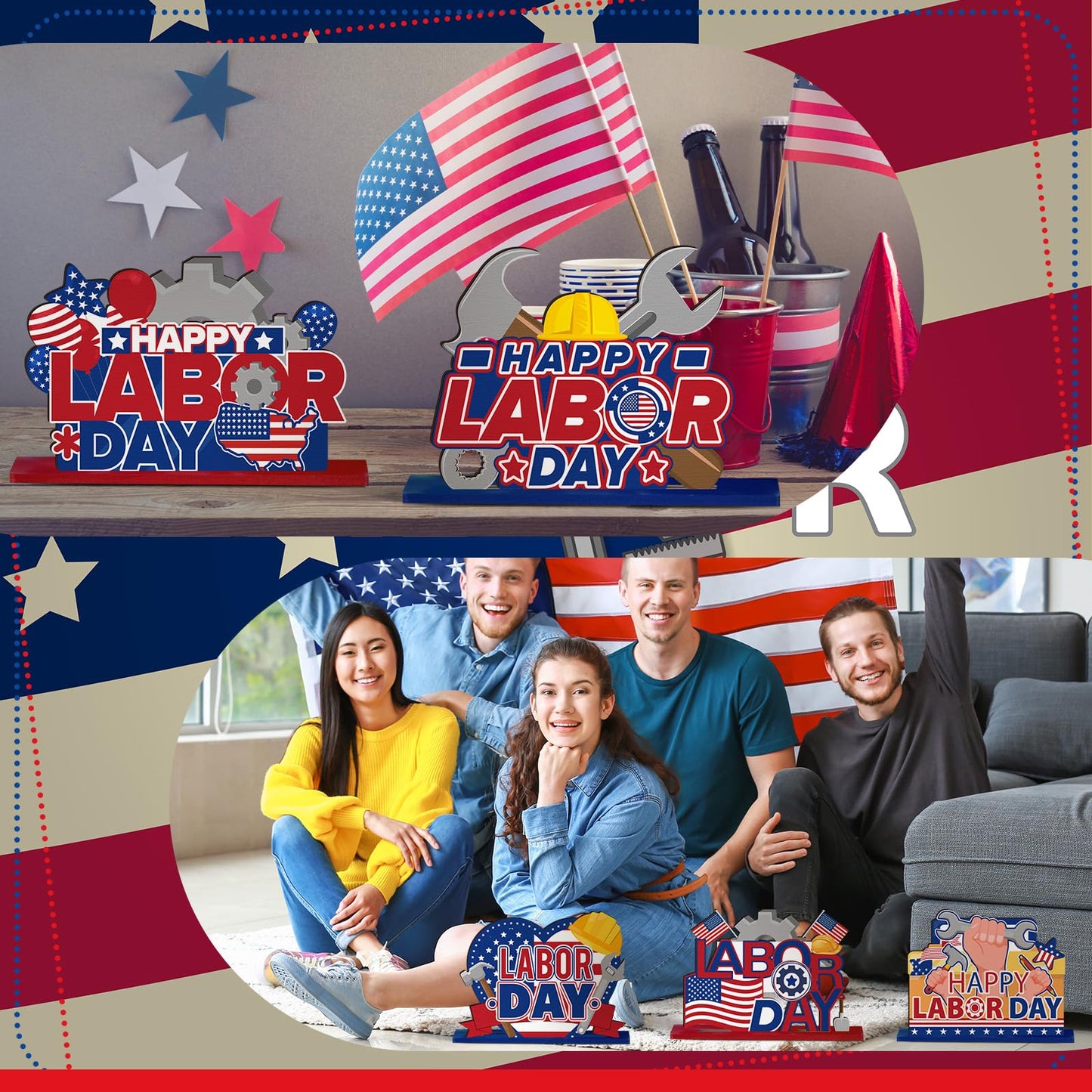 6 Pcs Labor Day Decoration Wooden Party Table Centerpieces Supplies Patriotic Theme Table Decorations for American Labor Day Party