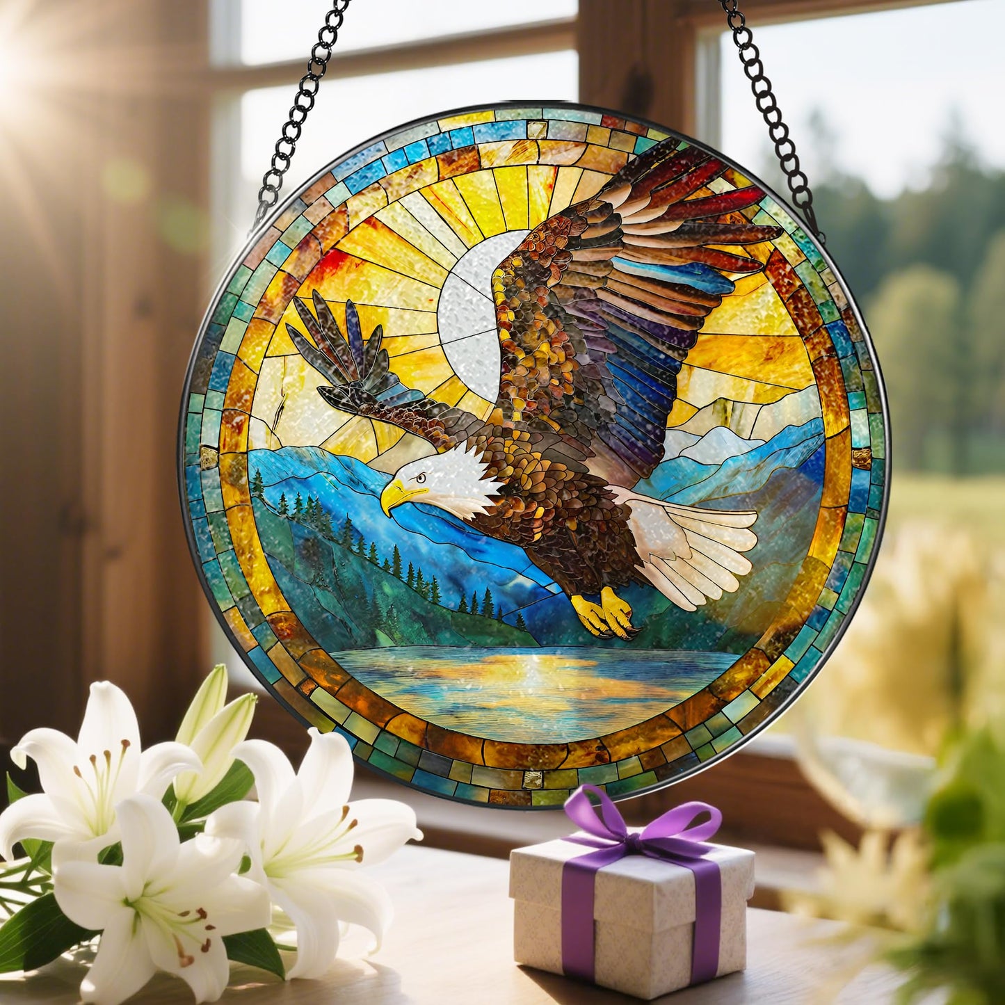 Bald Eagle Sun Catcher, 8 Inch Stained Glass Suncatcher, Stained Glass Window Hanging, Bald Eagle Indoor Decor, Idea Gift, Gift Exchange