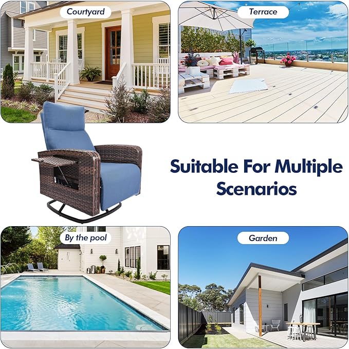 Outdoor Recliner Chair, Wicker Patio Recliners with Adjustable Backrest and Extended Foot Rest, Reclining Patio Chairs with Flip Table & Removable Cushion Cover for Porch