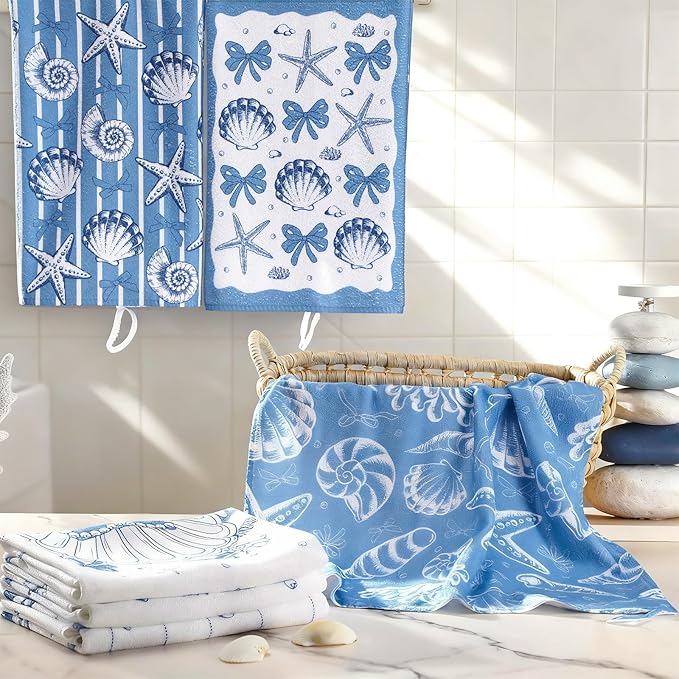 Breling Set of 6 Coastal Beach Kitchen Towels Blue Bow Dish Towel Bathroom