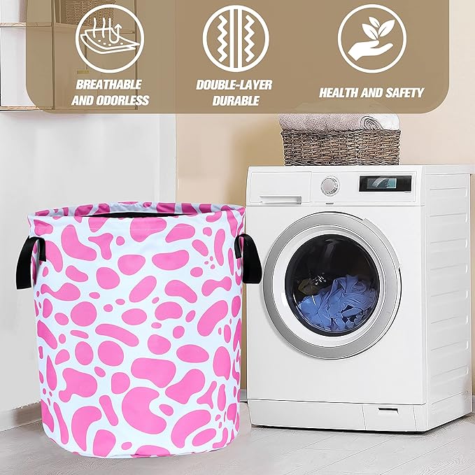 Pink Cow Print Laundry Basket Animal Foldable Oxford Cloth Funny Tote Bag