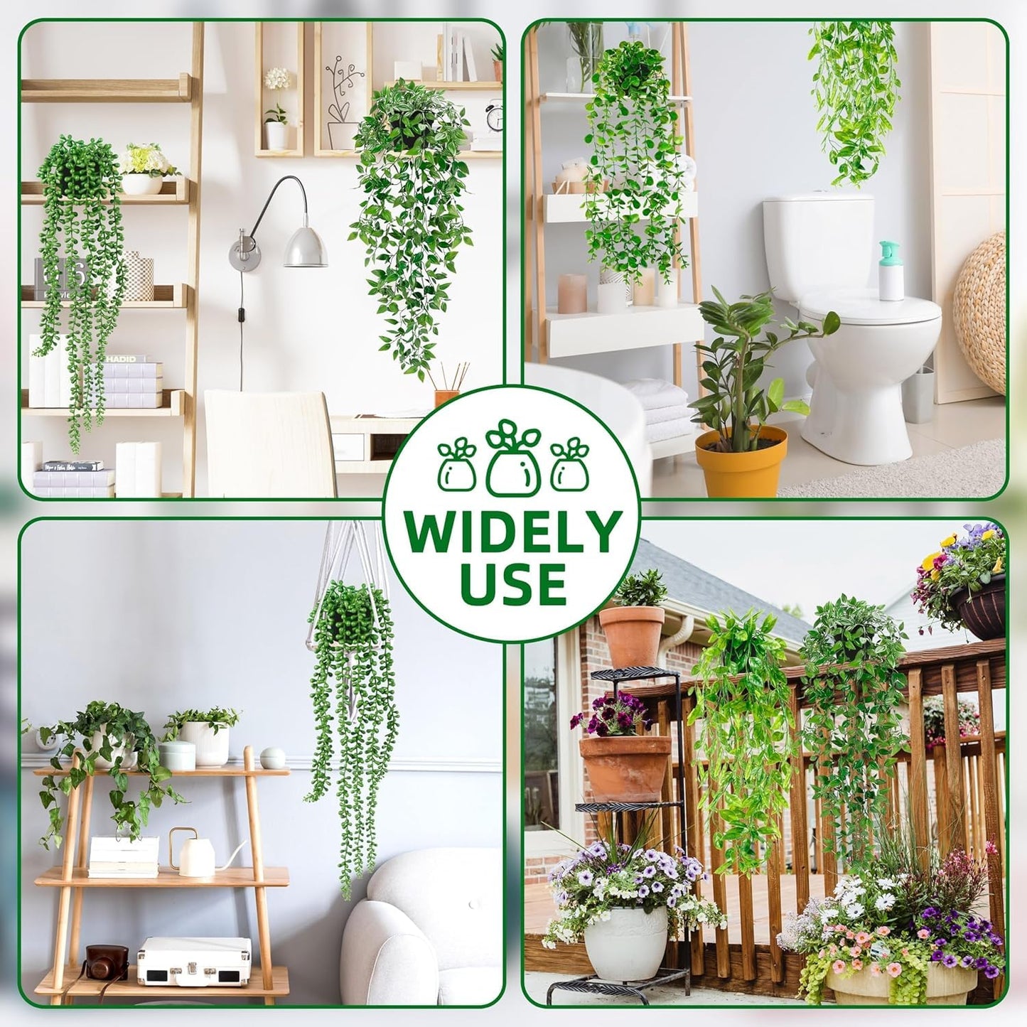 Palonu 4 Pack Faux Artificial Hanging Plants, Fake Potted Greenery with Eucalyptus Vine, Mandala, Pea Pod Leaves & String of Pearls in Pots for Office, Living Room, Bathroom, Indoor & Outdoor Décor