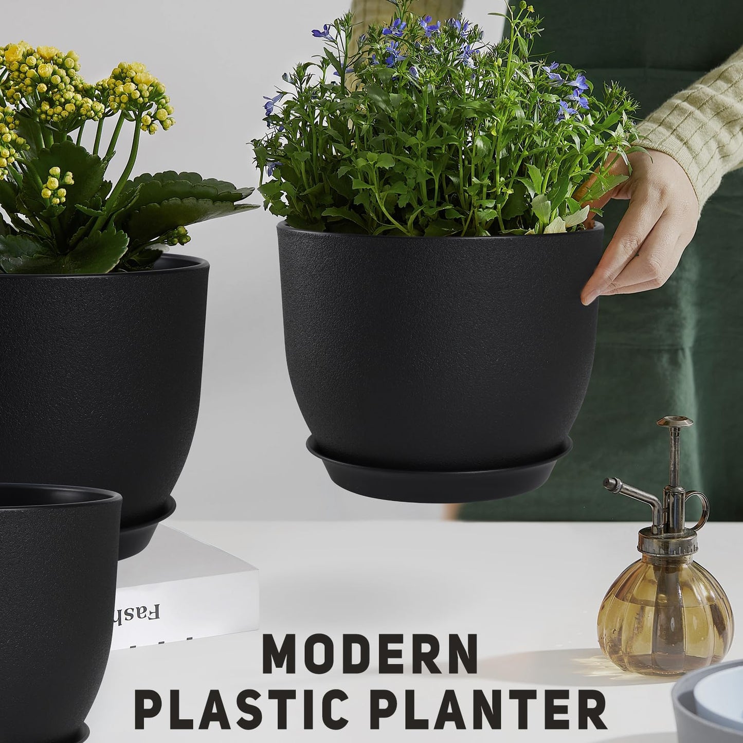 YNNICO Plant Pots 10/9/8/7.5/7 inch Set of 5,Flower Pots with Multi Mesh Drainage Holes, Large Planters for Indoor Outdoor Garden Plants and Flowers. (Black)