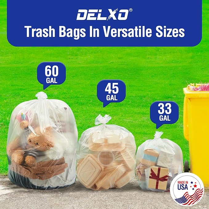 Delxo 30-33 Gallon Clear Trash Bags, Durable & Puncture-Resistant Plastic