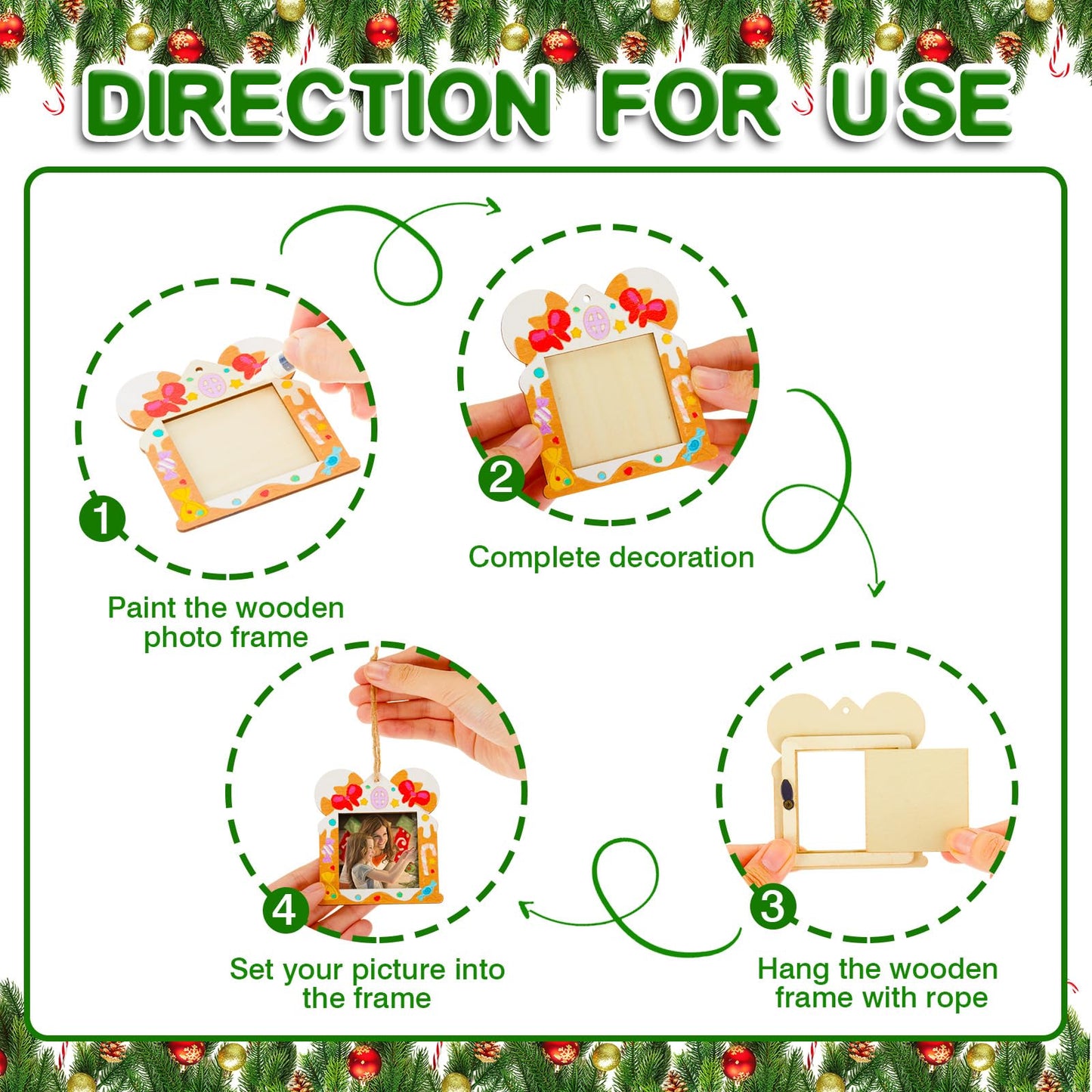 Thyle 12 Pcs Christmas Gingerbread House Picture Frame Ornaments Wooden DIY Craft Kits Xmas Tree Hanging Photo Frames Bulk for Christmas Party Winter Activities Home Decorations Gift
