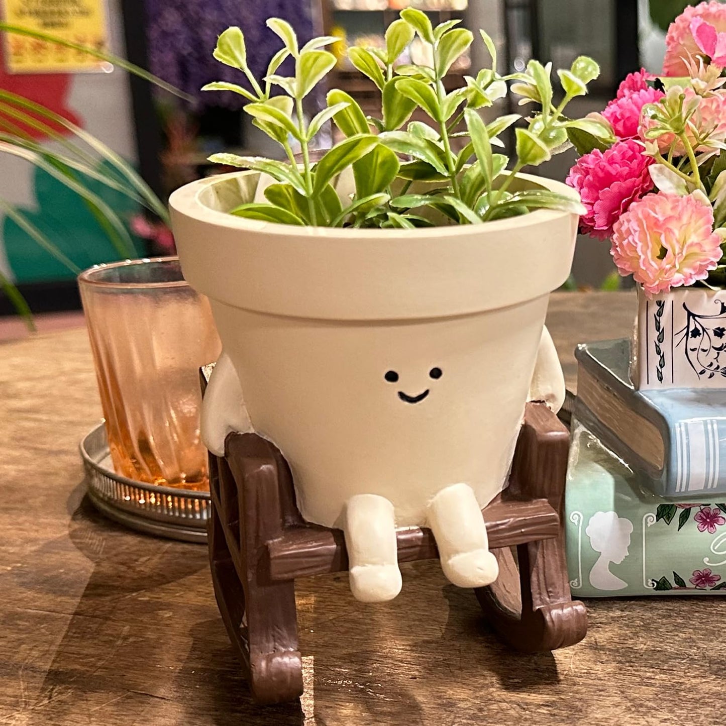 Cute Plant Pots Large Smily Face Planter Pot Resin Flower Head Planters for Indoor Outdoor Plants Unique Sit Rocking Chair Succulent Pot with Drainage Hole Best Gift for Mother and Plant Lovers