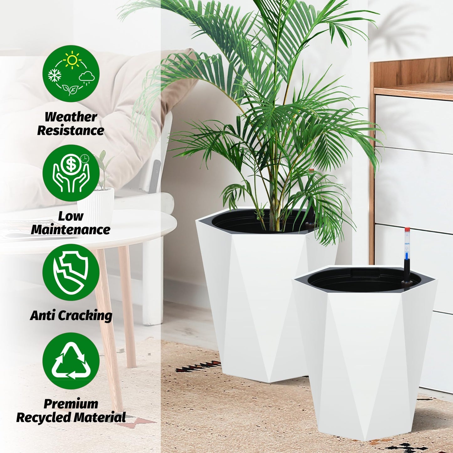 LuyFuitre Set of 2 Tall Planters for Outdoor Plants, 16 Inch Tall Planter Pots with Water Level Monitor, Wheels & Inner Bucket for Indoor Outdoor, White