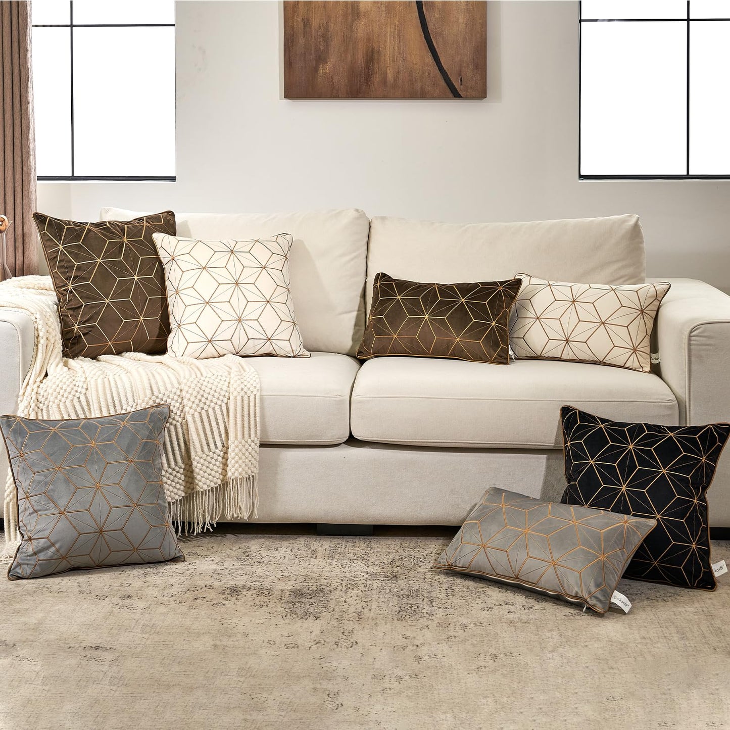 Aeckself Dark Brown Gold Plaid Geometric Throw Pillow Covers 20x20 Inch, Luxury Embroidery Velvet Cushion Case Square Modern Decorative Pillow Covers for Couch Living Room Bedroom