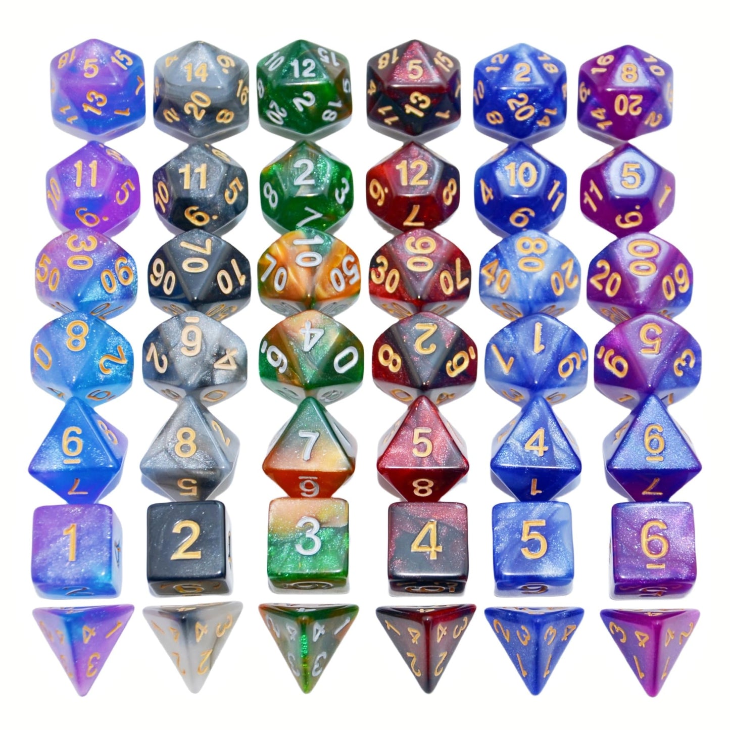SmartDealsPro 6 x 7 Sets (42 pcs) Glitter Polyhedral Dice Sets with Pouches for DND RPG MTG Dungeon and Dragons Table Board Roll Playing Games D4 D8 D10 D12 D20 (Color 2)