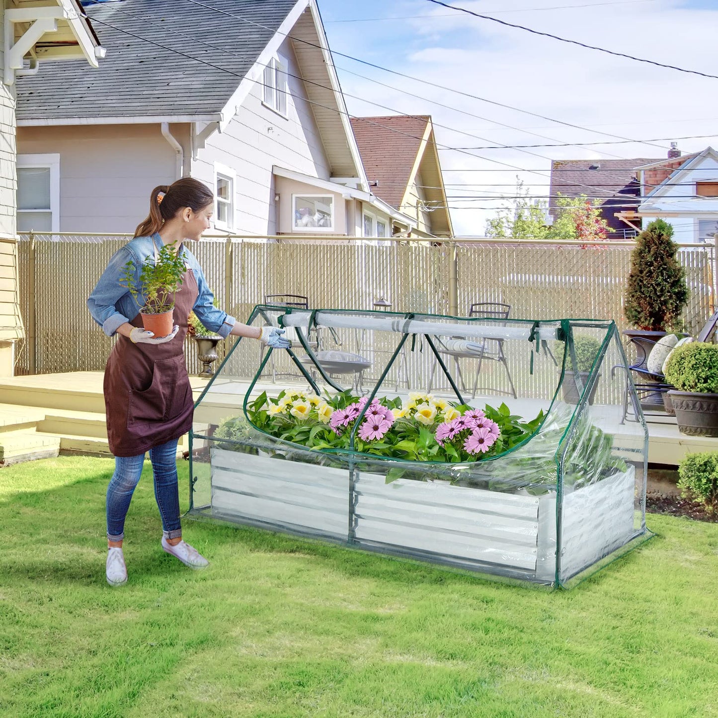 Giantex Galvanized Steel Raised Garden Bed with Mini Greenhouse, Outdoor Metal Planter Box Kit with Large Roll-up PVC Cover, 71"x 35.5"x 36" Planter Raised Bed for Growing Flower Herb Vegetable Fruit