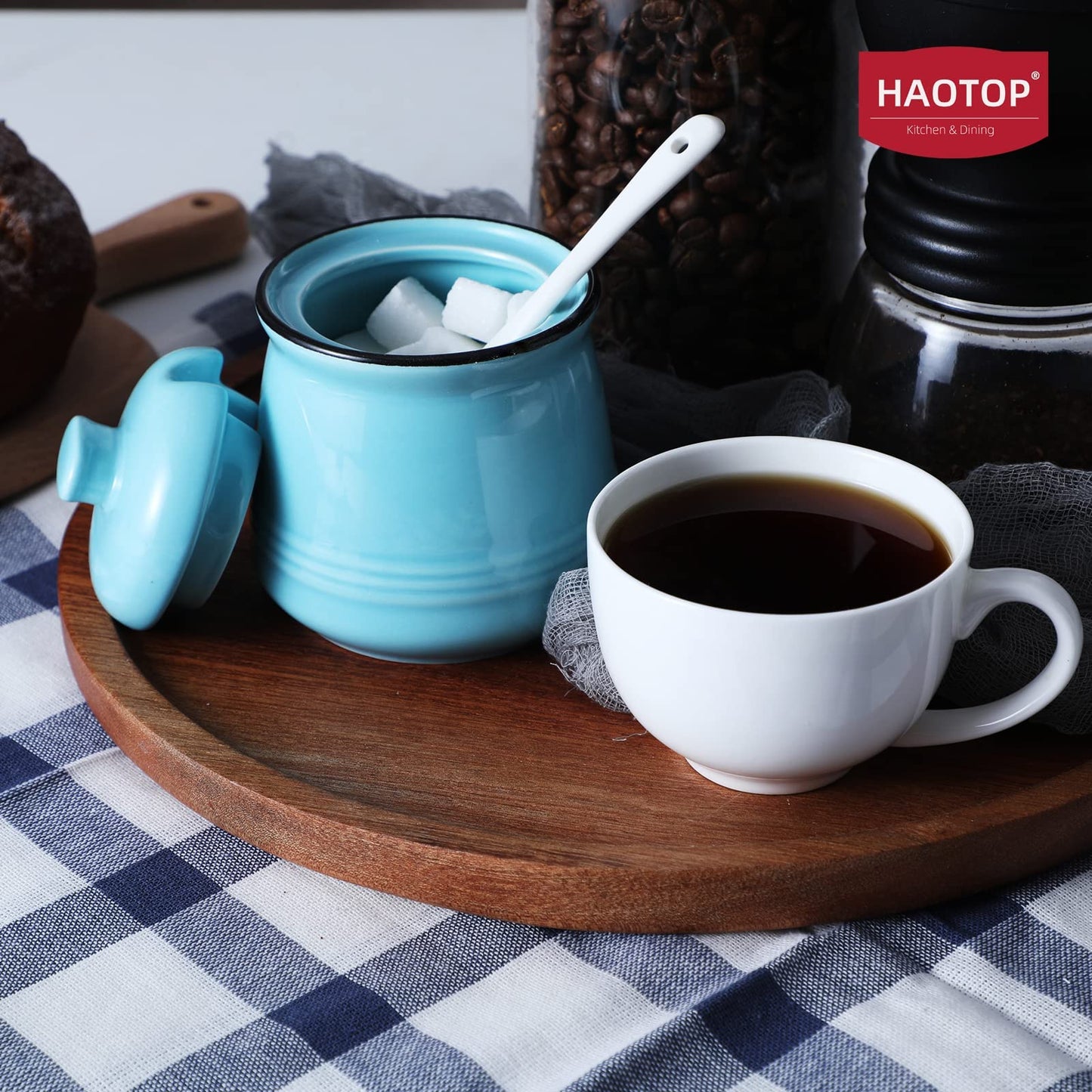 HAOTOP Porcelain Salt Bowl with Lid and Spoon,Ceramic Sugar Bowl 12oz (Turquoise)