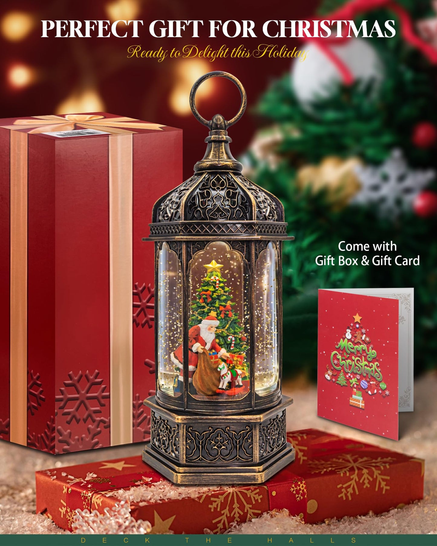 Large Musical Christmas Snow Globes Lantern, 13" Lighted Electric Snowglobes with 8 Holiday Songs, 6H Timer Dual Power, Santa with Gifts Christmas Ornaments Snow Globe for Kids Adults, Gifts Men Women
