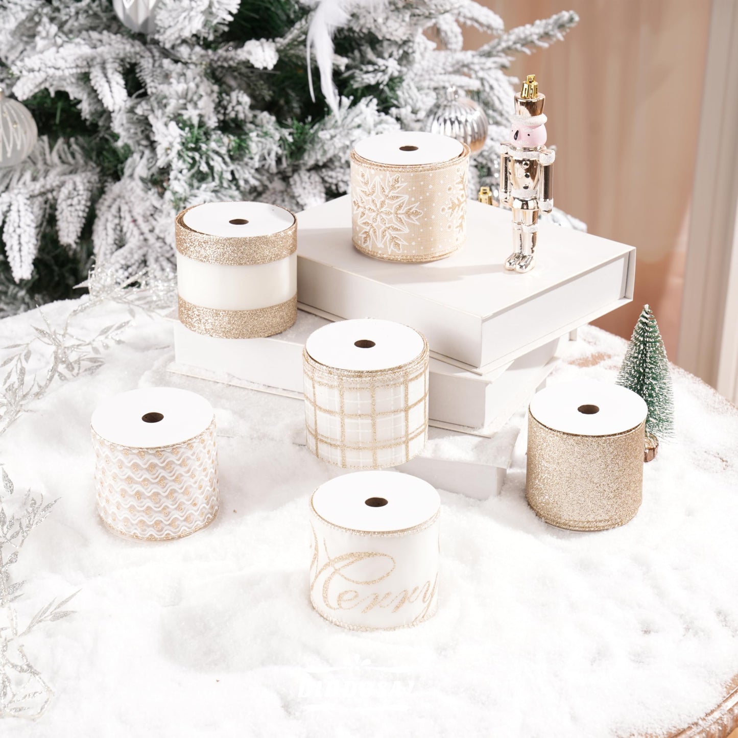 DINDOSAL Champagne Christmas Ribbon Wired 2.5 Inch, 6 Rolls 36 Yards Glitter Champagne Gold Christmas Tree Ribbon for Garland, Wreaths, Bows, Ribbon for Christmas Decor