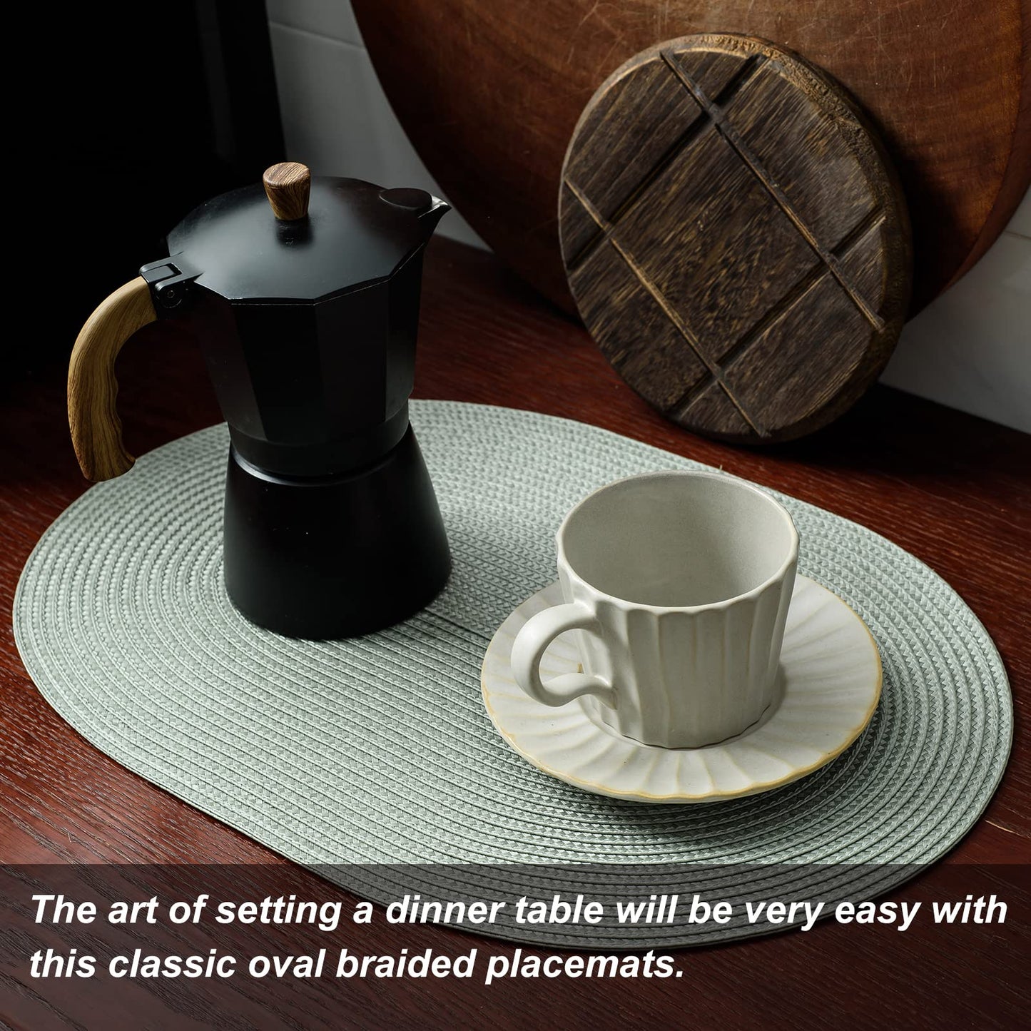 AHHFSMEI Placemats Set of 6 for Dining Table Washable Woven Vinyl Non-Slip 18x12 inches Placemat Heat-Resistant Durable Table Mats for Dining Table Easy to Clean (Sage Green, 6)