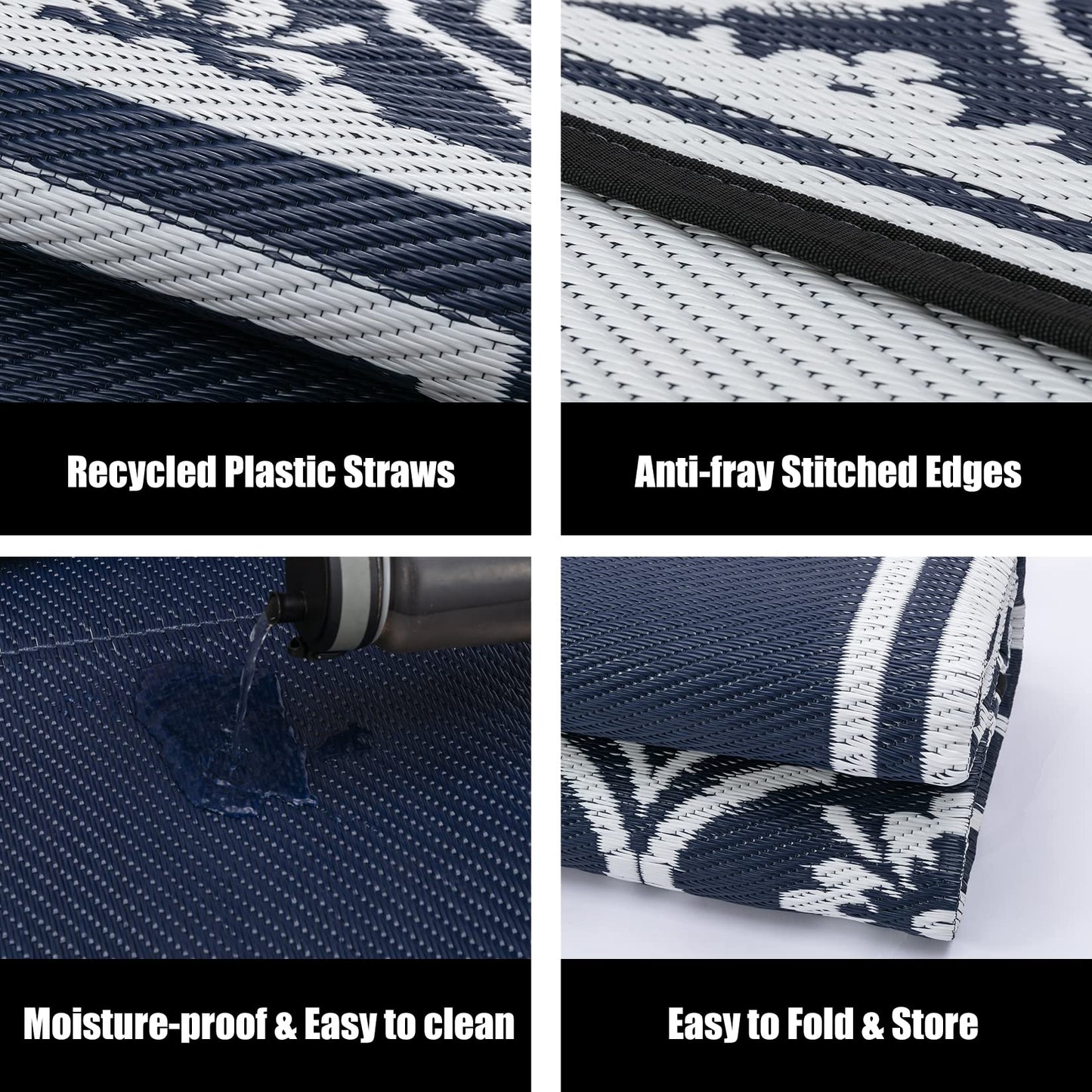 HUGEAR Patio Rug 10'x14' Waterproof Outside Area Rugs Reversible Blue Outdoor Plastic Straw Carpet for RV Deck Camping Entryance Porch Picnic Balcony Beach