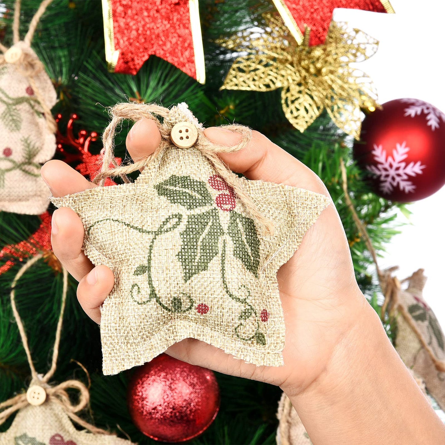 Jetec 12 Pieces Rustic Christmas Burlap Tree Ornaments Farmhouse Hanging Decorations Christmas Stocking Tree Ball Shaped Decor for Party