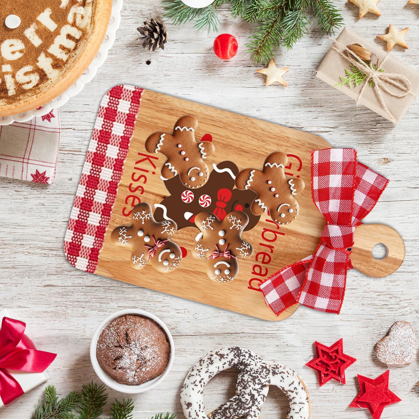 JarThenaAMCS 2 Pcs Merry Christmas Wood Cutting Board with Ribbon Gingerbread Man Kitchen Chopping Charcuterie Board Serving Platter Tray Dessert Candy Dish for Xmas Winter Home Party Gift Decor