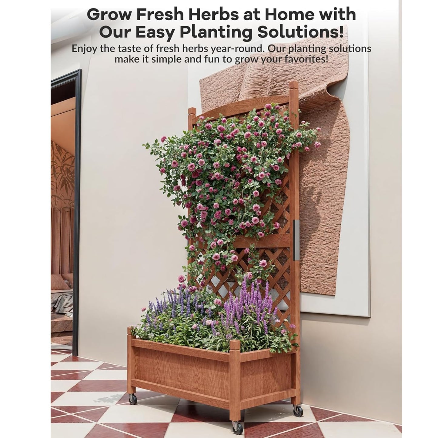 IDEALHOUS Large Raised Garden Bed with Trellis & Wheels, 61" Wooden Mobile Planter Box with Drainage Hole, Freestanding Vertical Planter for Outdoor Indoor Patio Lawn Herbs Flowers Vegetables, 2 Pack