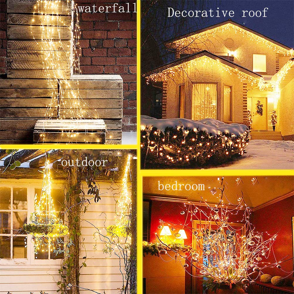 SHUKAN 220 LED Firefly Bunch Lights Battery Operated, 8 Flashing Modes Waterproof Copper Wire Waterfall Lights, Remote Controlled Timer and Hooks, Fairy Lights for Indoor Outdoor Decor (Warm White)