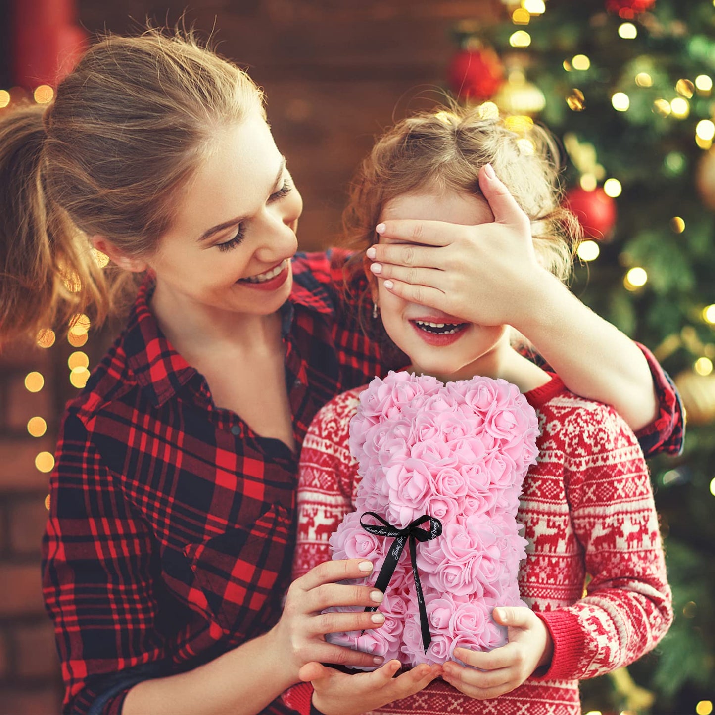 Rose Bear Christmas Flower Gifts for Mom Grandma, Rose Teddy Bear with Lights, Cute Teddy Flower Bear, Cute Romantic Gifts for Wife Girlfriend with Transparent Gift Box and Love Card