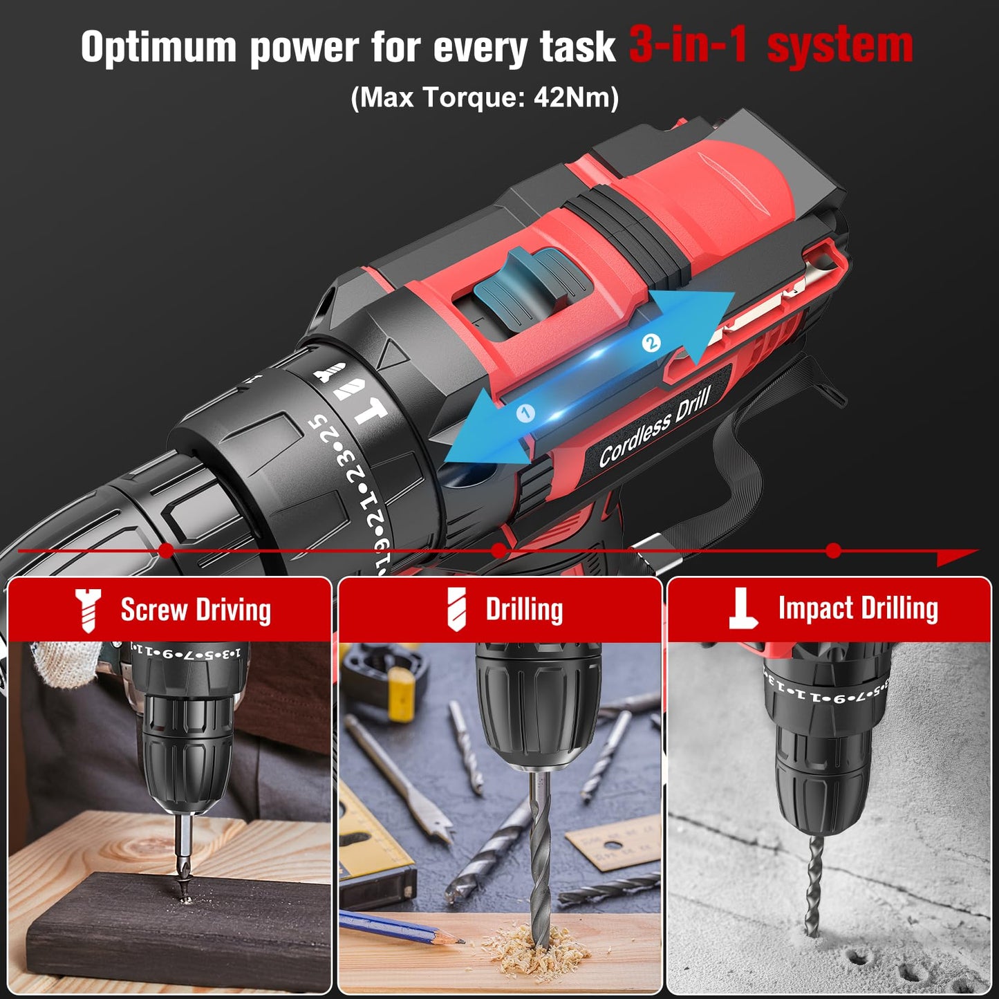 Cordless Drill Driver 21V, Cordless Hammer Drill with Battery 2000mAh, 25+3 Torque, 42N.m Max, 22PCS Accessories, 2 Speed, LED Light