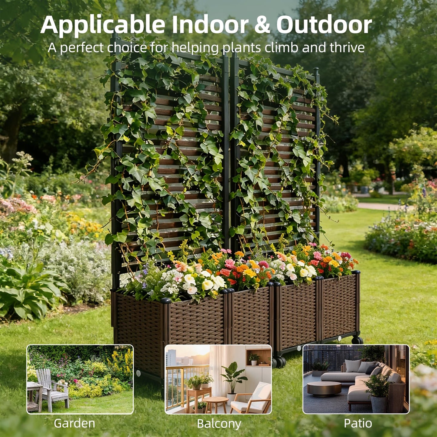 BorealBear Privacy Screen with Resin Wicker Planter Box, 67" Slatted Steel Raised Garden Bed with Trellis, Lockable Wheels, Outdoor Climbing Plants, Patio, Balcony and Yard