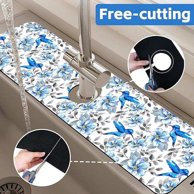 Kitchen Sink Splash Guard Faucet Mat Blue Floral and Hummingbird Absorbent Fast