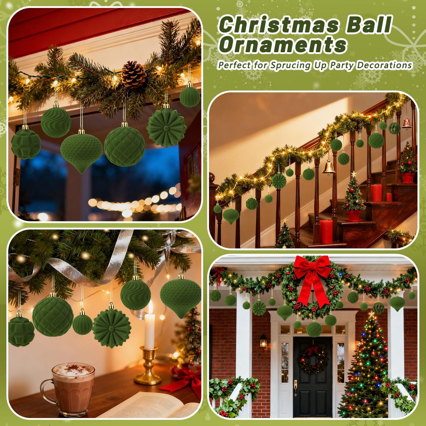 48 Pcs Velvet Christmas Ball Ornaments Set, Flocked Christmas Tree Ornaments, Shatterproof Hanging Xmas Balls Decorations for Christmas Tree Home Decor Holiday Wedding Party (Sage Green)