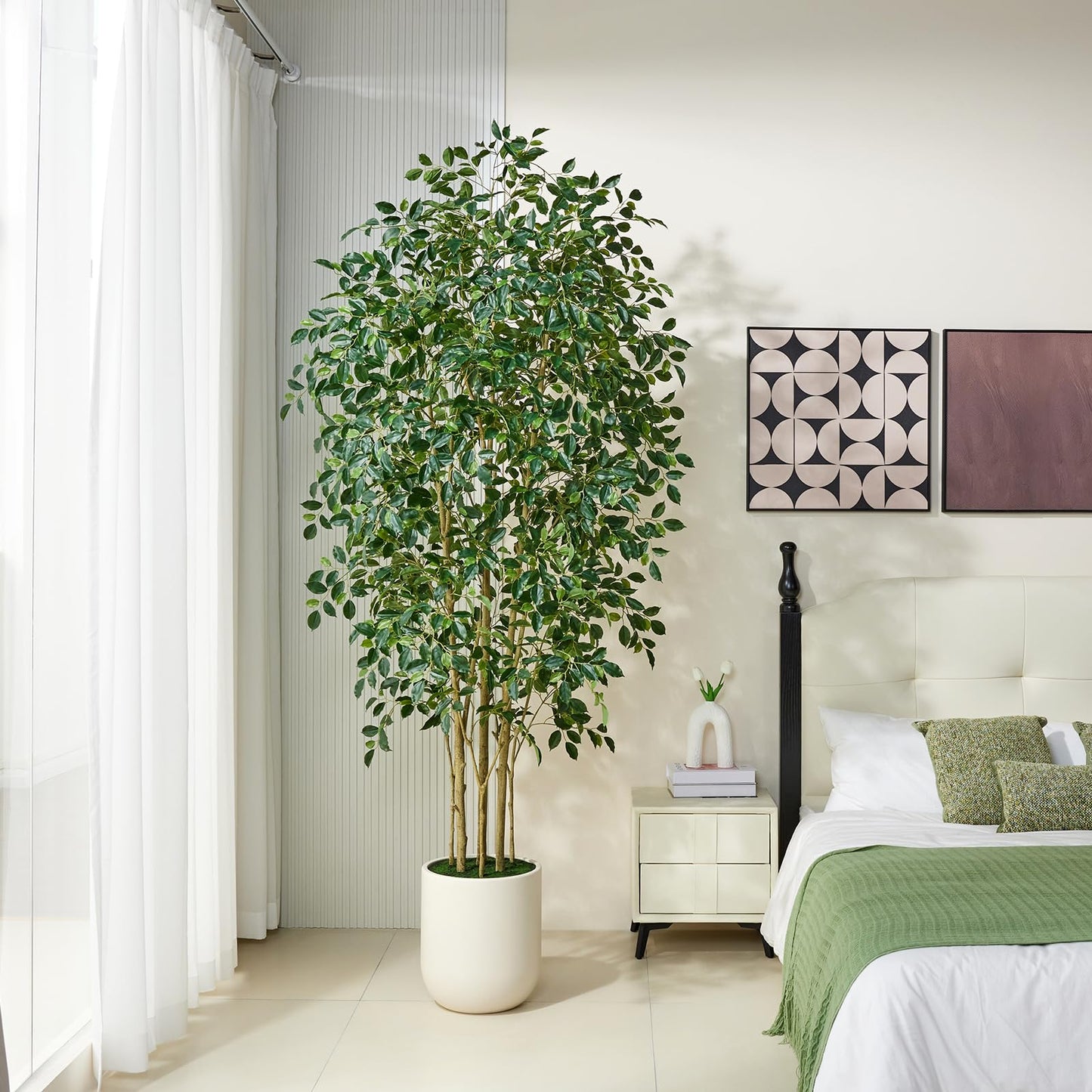 VeriNatural 8FT Artificial Ficus Tree, Faux Plants Indoor Fake Trees Artificial - Potted Fake Ficus Tree with Realistic Leaves and White Planter,Floor Plant for Home Decor, Office Entryway