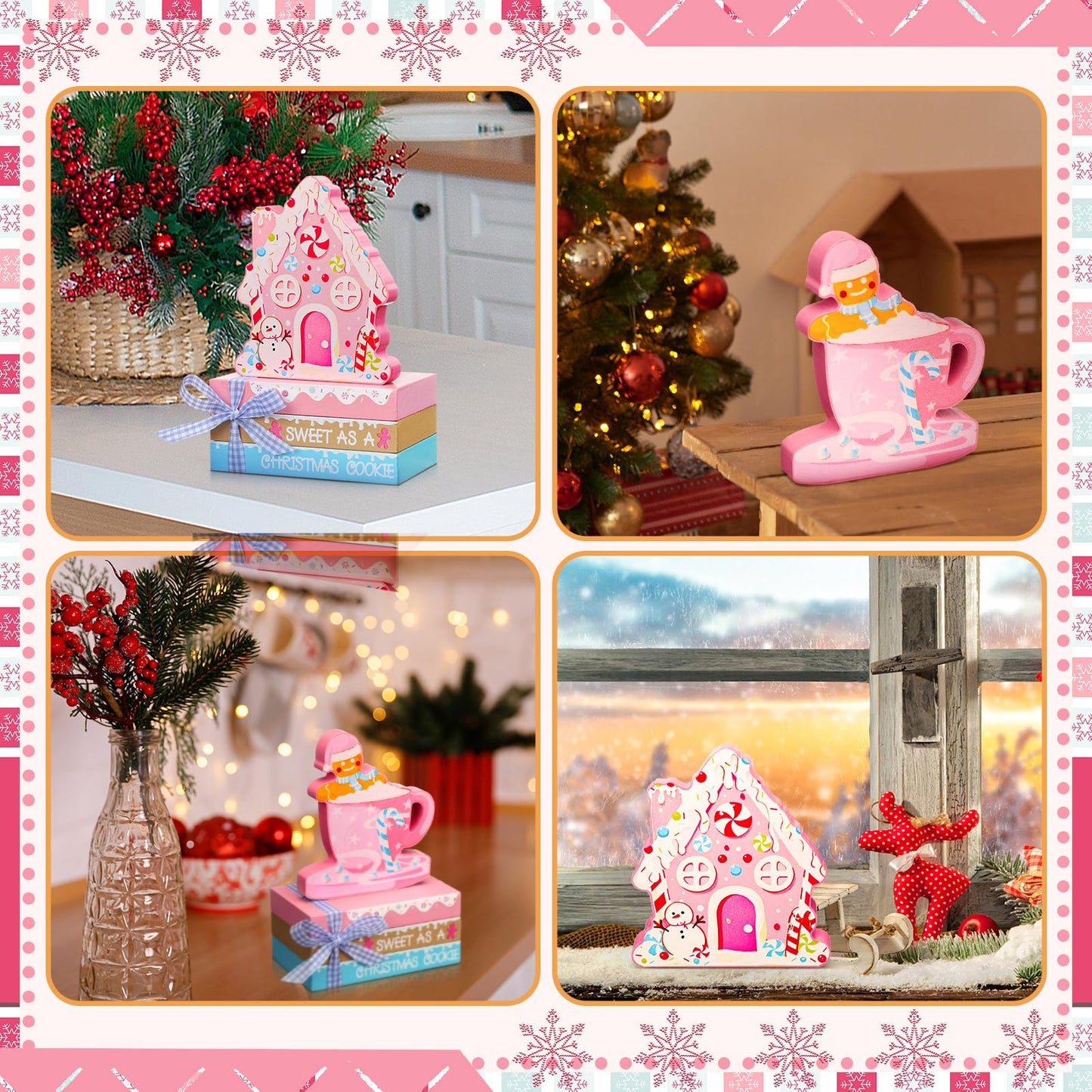 Yalikop 5 Pcs Pink Christmas Table Decor Pastel Gingerbread Man House Sign Gingerbread Tiered Tray Decor Christmas Wood Tabletop Centerpieces for Winter Xmas Home Office Mantel Shelf Fireplace