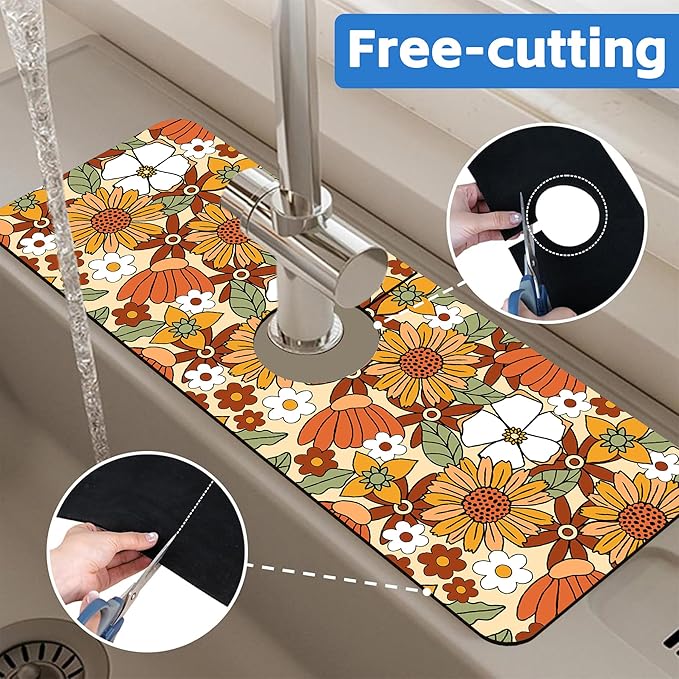 70s Retro Orange Floral Kitchen Sink Splash Guard Mat Absorbent Fast Drying Mat