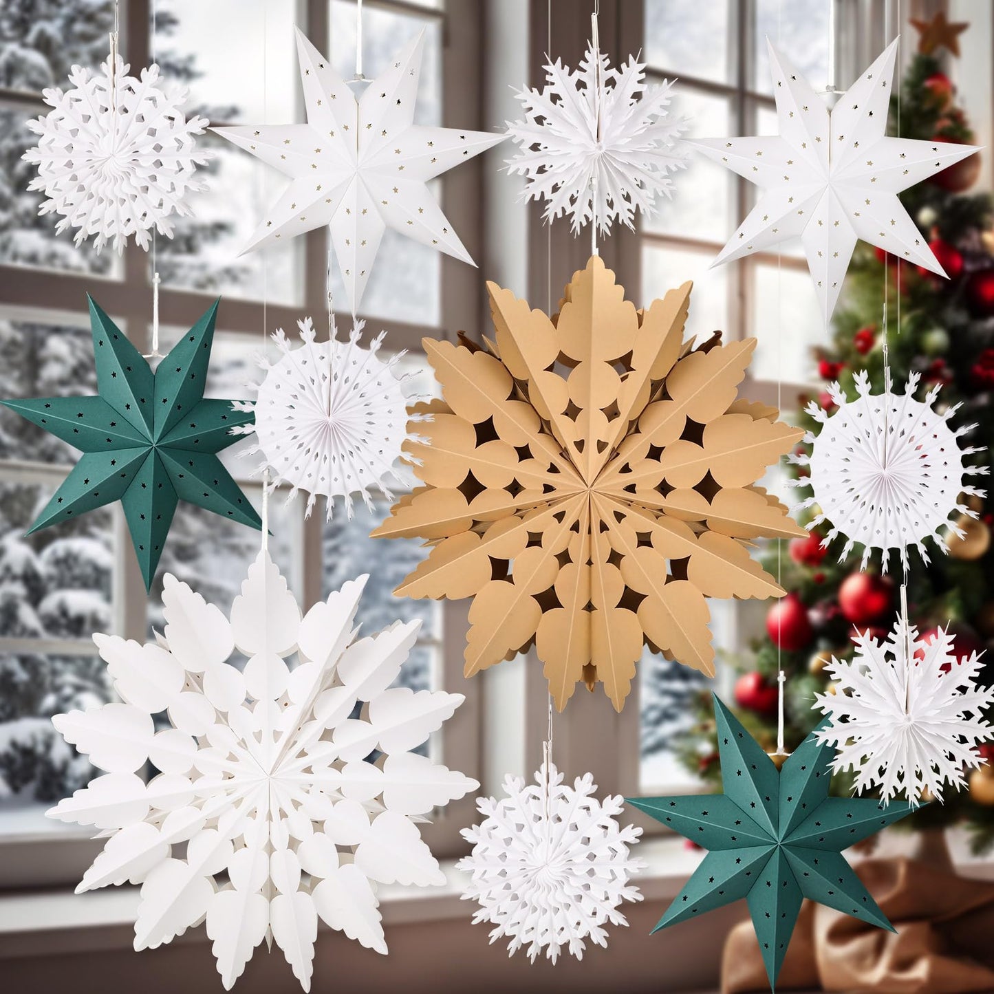 Glooglitter 12 Pcs Paper Star Lantern 3D Christmas Paper Snowflake Lanterns White Hanging Lamp Ornaments for Xmas Tree New Year Holiday Party Decorations (White, Kraft, Green)