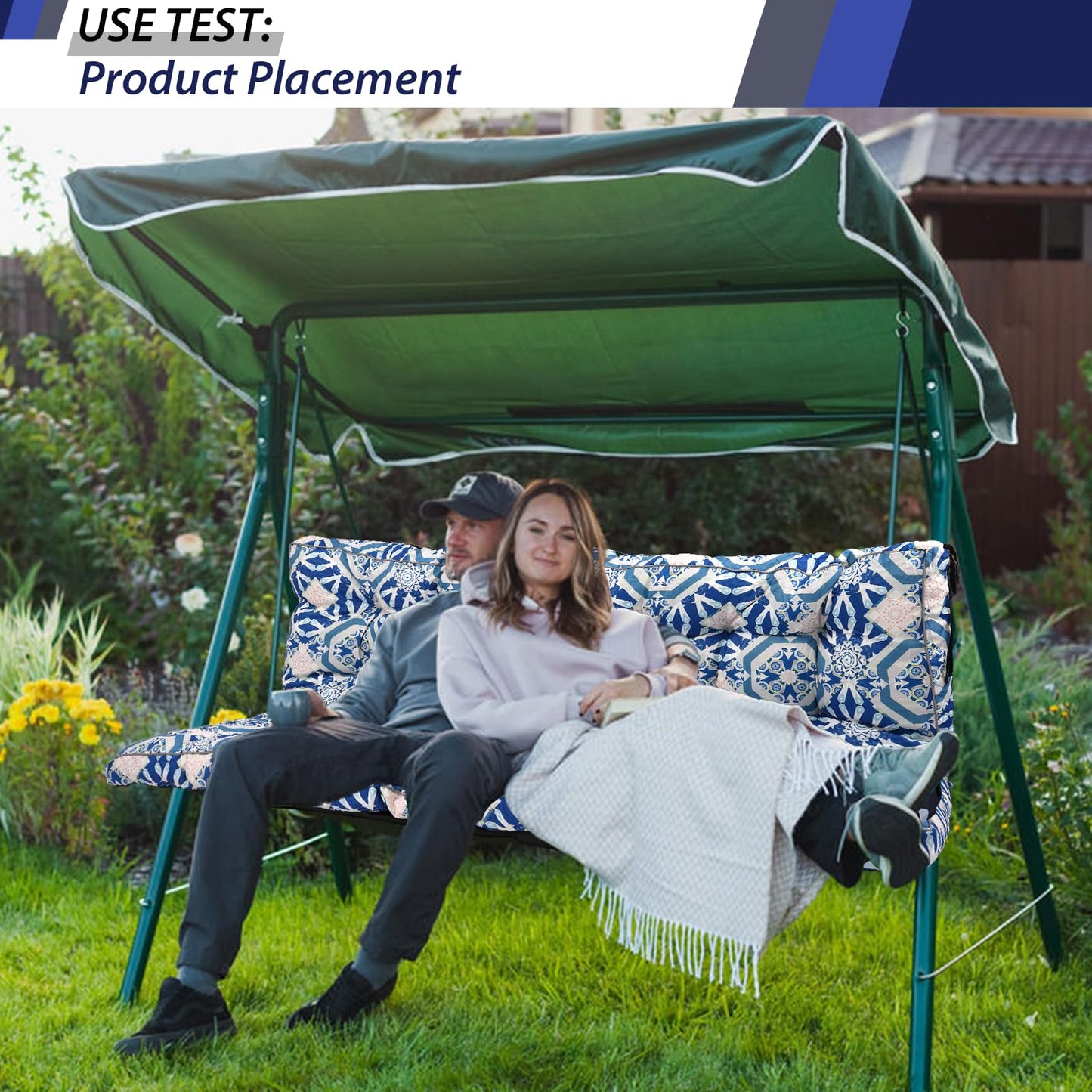 YQNUCO Outdoor Swing Cushions, Waterproof Porch Swing Cushions 3 Seater Replacement with Backrest, 4" Thicken Bench Cushion with Ties for Backyard, Patio, Lawn and Garden (Blue Geometric, 63 inch)