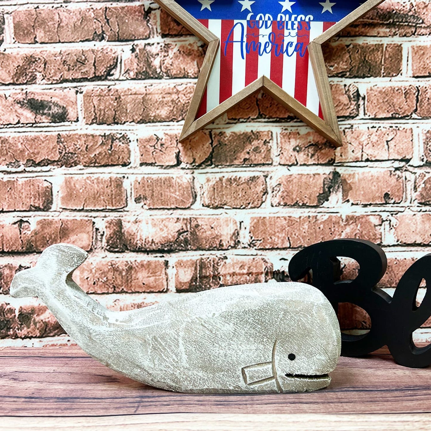 GAPLUM Rustic Wooden Carved Whale Tabletop Statue, Decorative Whale Figurine Carving Sculpture - Nautical Ocean Beach Coastal Themed Home Decor - 12''L