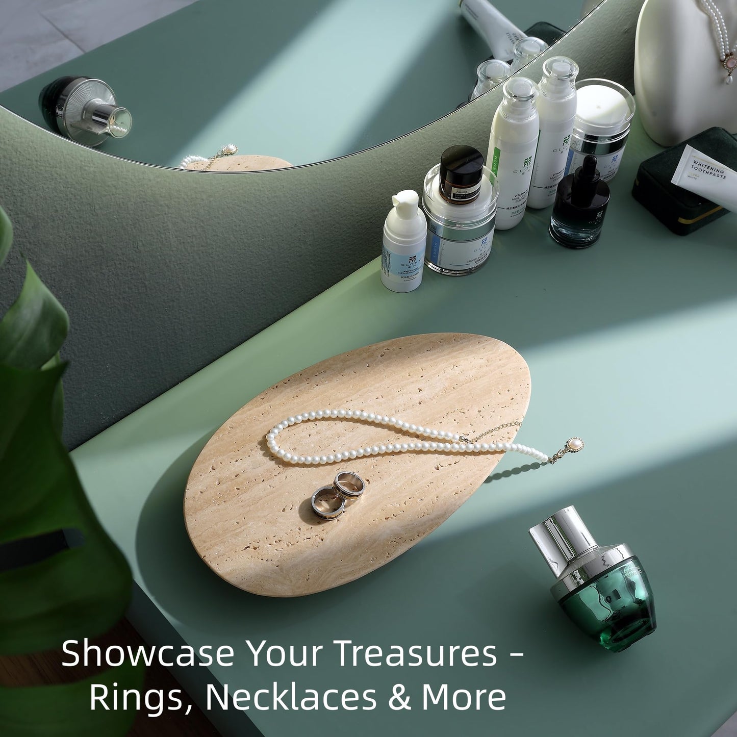 Natural Travertine Tray, Modern Decorative Stone Tray for Coffee Table, Jewelry Display Organizer for Rings Necklace, Candle Holder Catchall for Living Room Bathroom Vanity Decor (S)