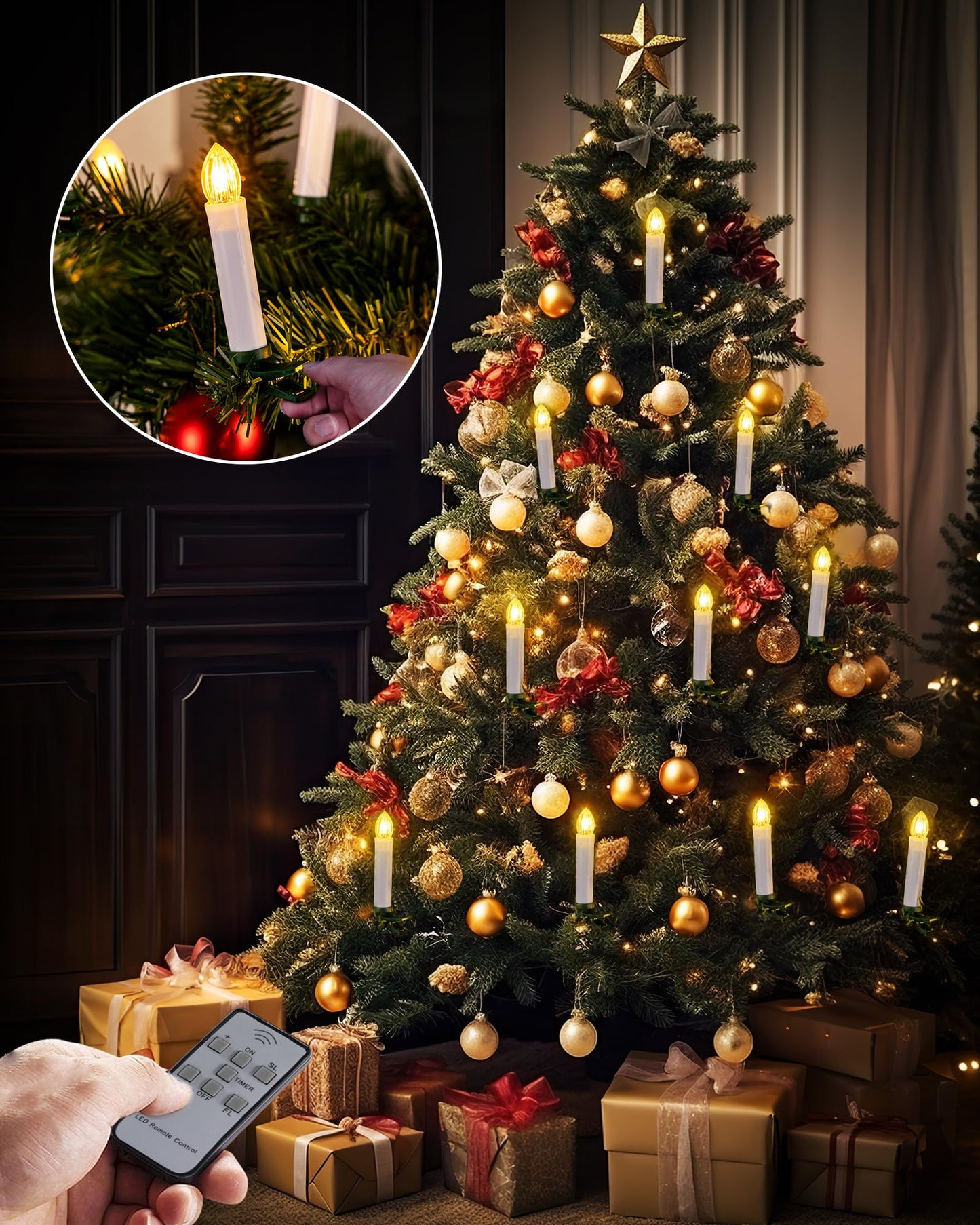 Homemory 10 Pcs Clip On Candles for Christmas Tree with Remote and Timer, Flickering LED Window Candle with Clips/Suction Cups, Warm White Light, Dia 0.7''x H 4''