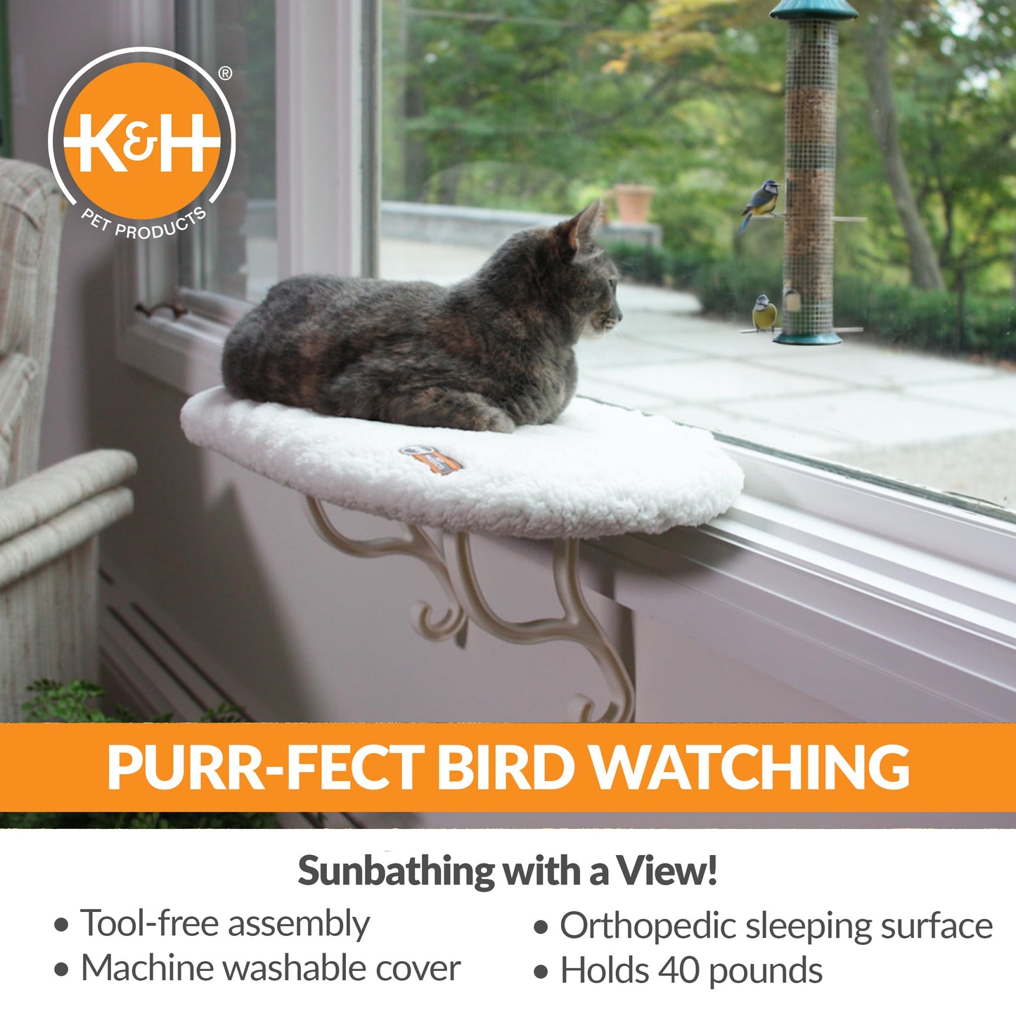 K&H Pet Products Kitty Sill Cat Window Hammock Perch Bed, Soft Fleece Cover, Easy Fit, Machine Washable Cover, 35.5cm x 60.96cm, Cream