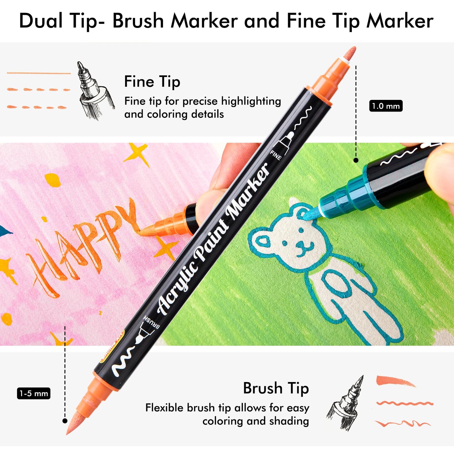 28 Pastel Colors Dual Tip Acrylic Paint Markers, Brush Tip and Fine Tip Acrylic Paint Pens for Rock Painting, Ceramic, Wood, Canvas, Plastic, Glass, Stone, Calligraphy, Card Making, DIY Crafts