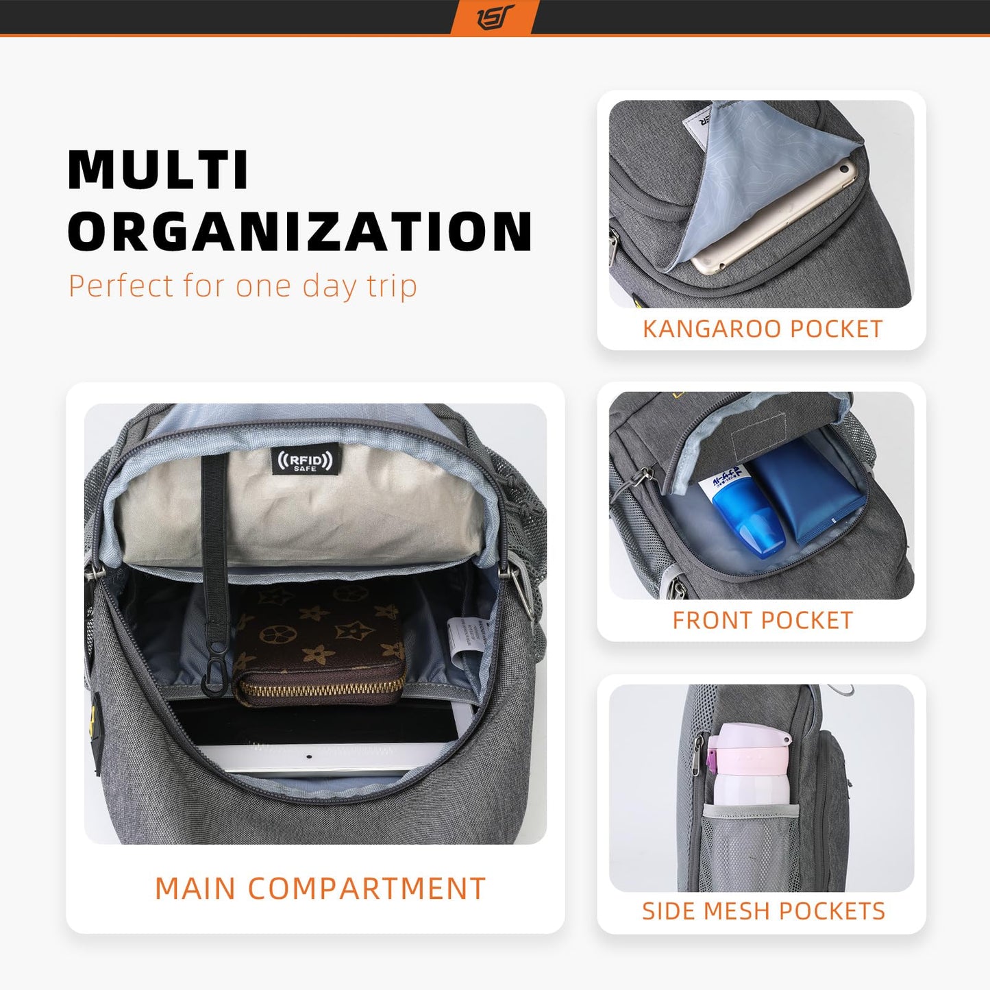 SKYSPER Sling Bag RFID Crossbody Sling Backpack Cross Body Shoulder Bag Travel Hiking Daypack for Women Men(Darkgrey)
